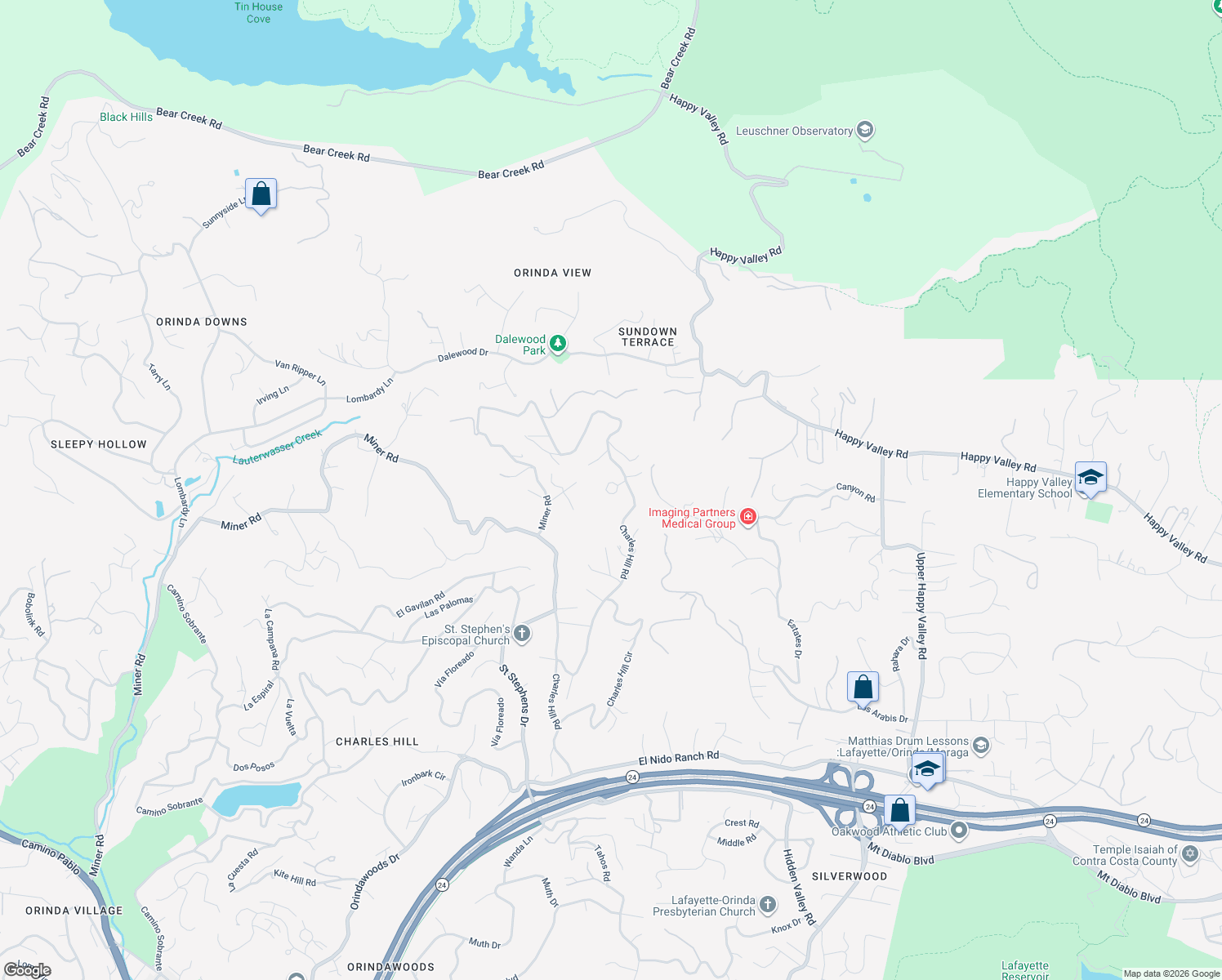 map of restaurants, bars, coffee shops, grocery stores, and more near 123 Diablo View Drive in Orinda