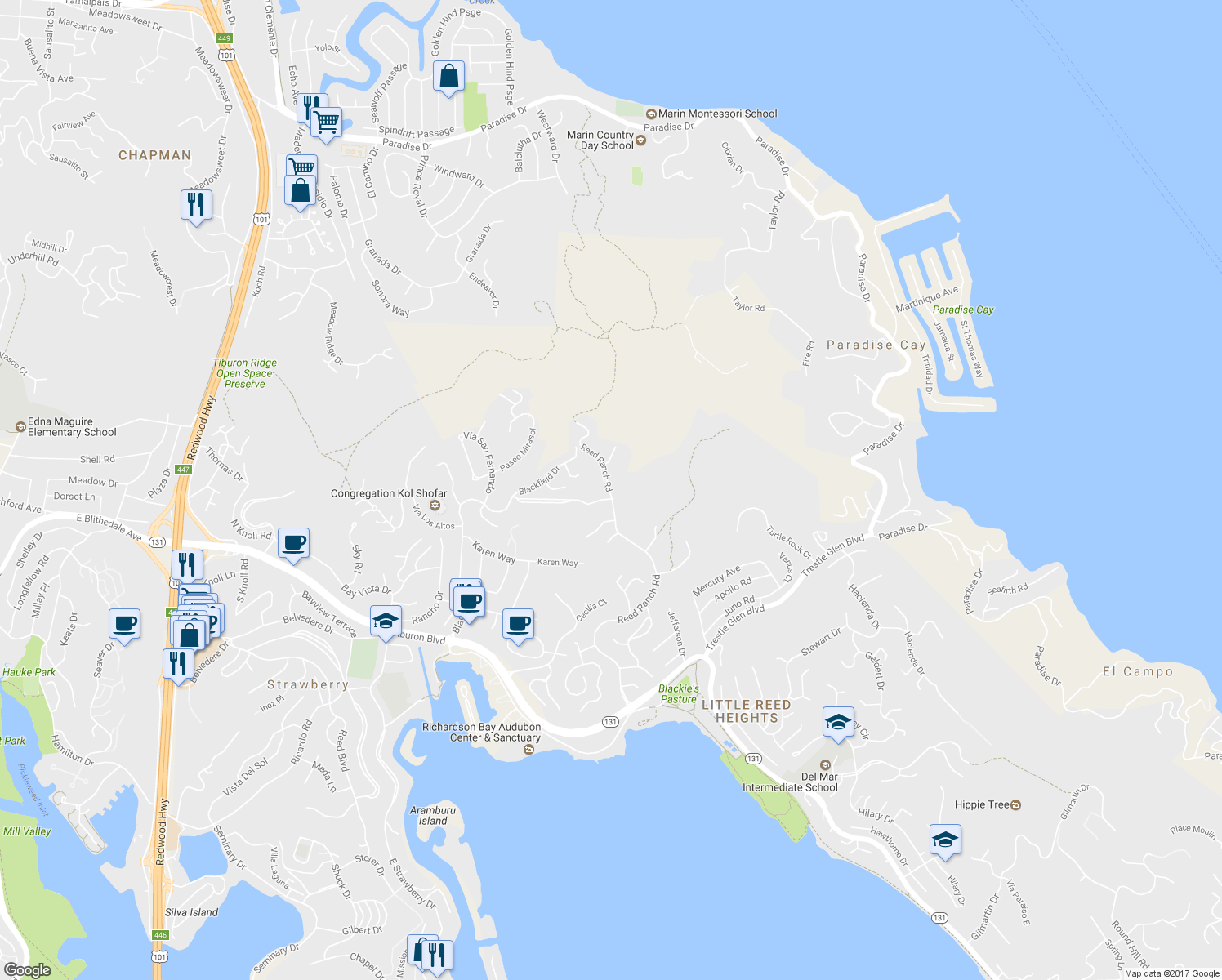 map of restaurants, bars, coffee shops, grocery stores, and more near 100s Reed Ranch Road in Tiburon
