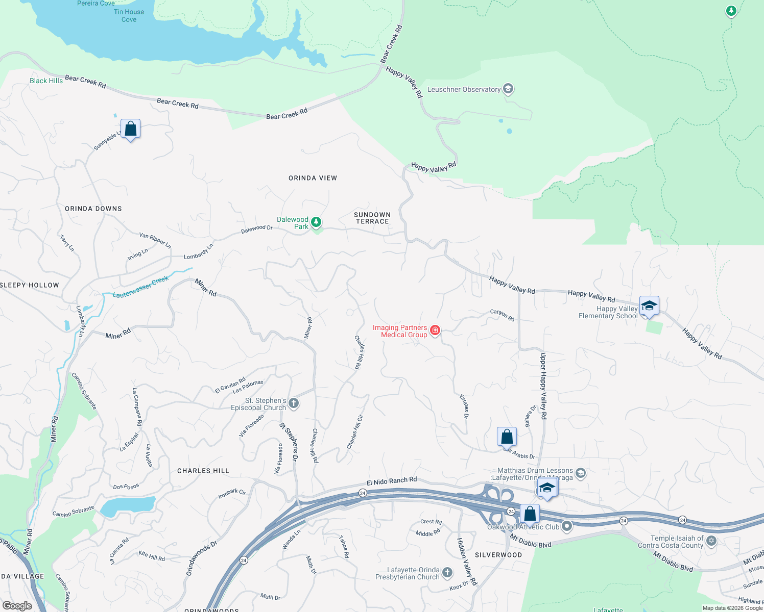 map of restaurants, bars, coffee shops, grocery stores, and more near 4500 Canyon Road in Lafayette