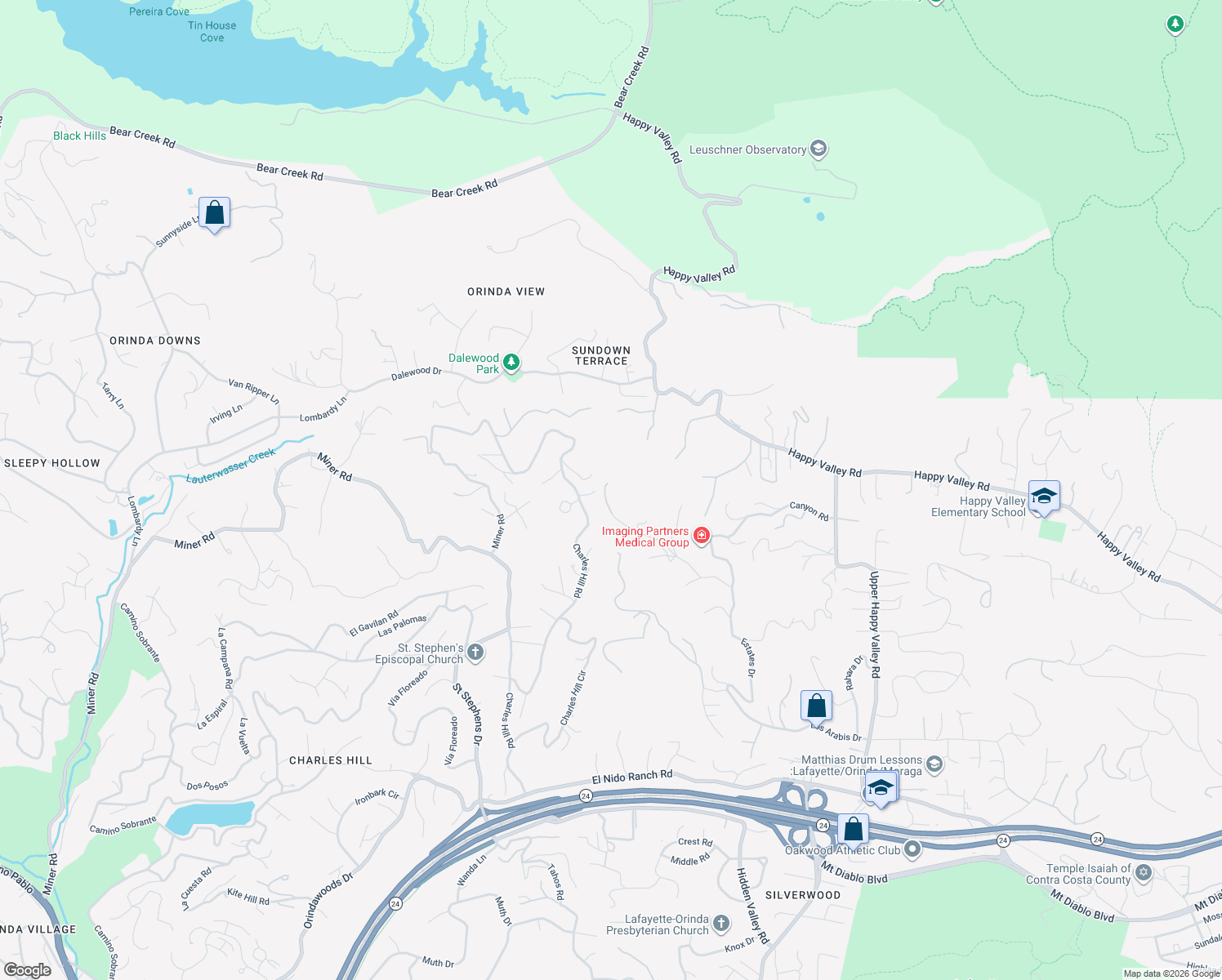 map of restaurants, bars, coffee shops, grocery stores, and more near 4500 Canyon Road in Lafayette