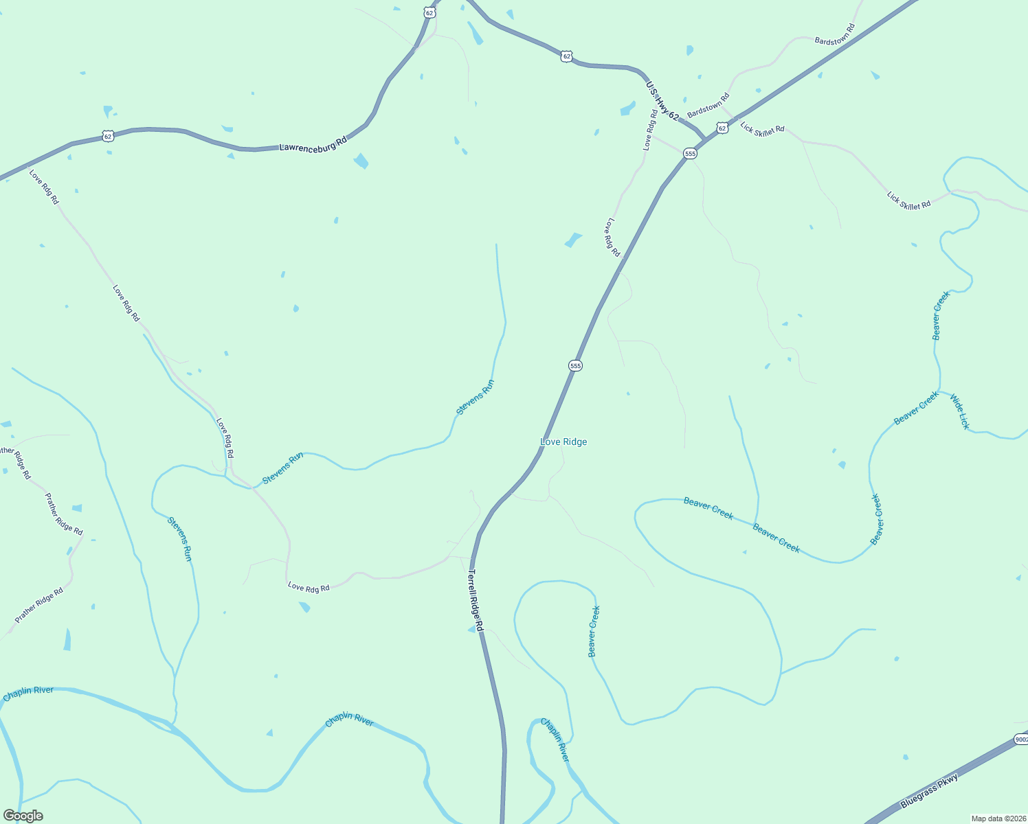 map of restaurants, bars, coffee shops, grocery stores, and more near 1260 Love Ridge Road in Chaplin