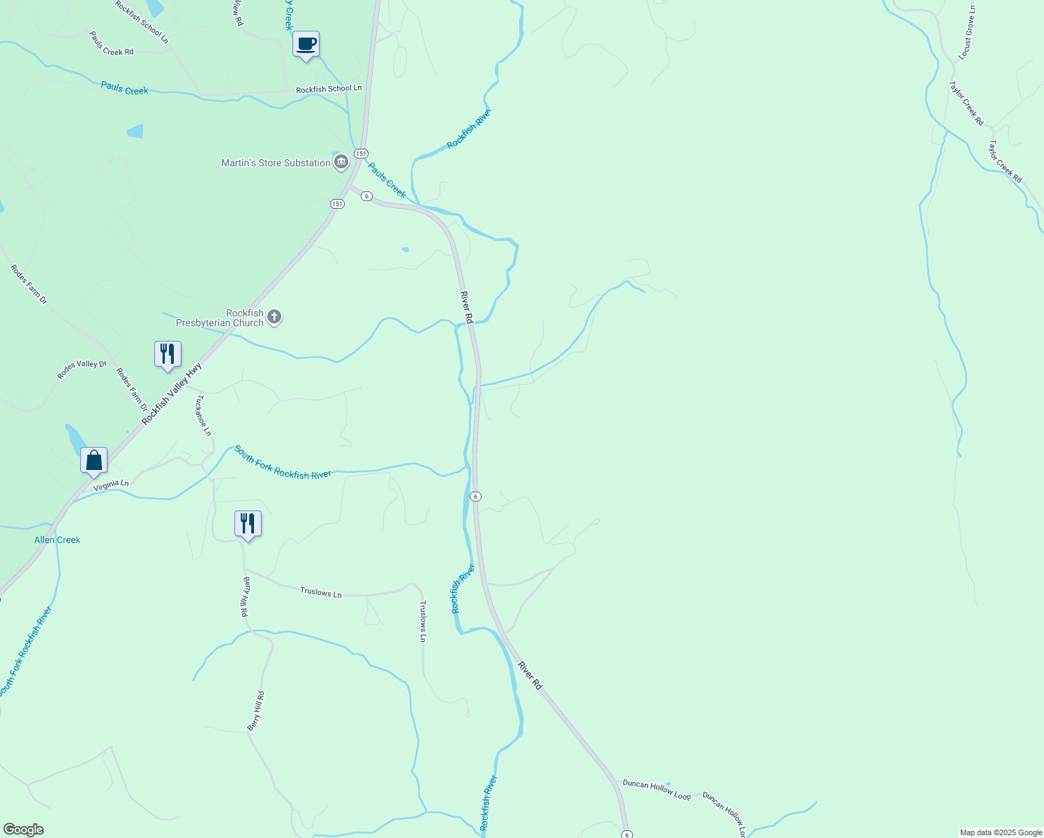 map of restaurants, bars, coffee shops, grocery stores, and more near 162 Pilot Mountain Hollow in Faber