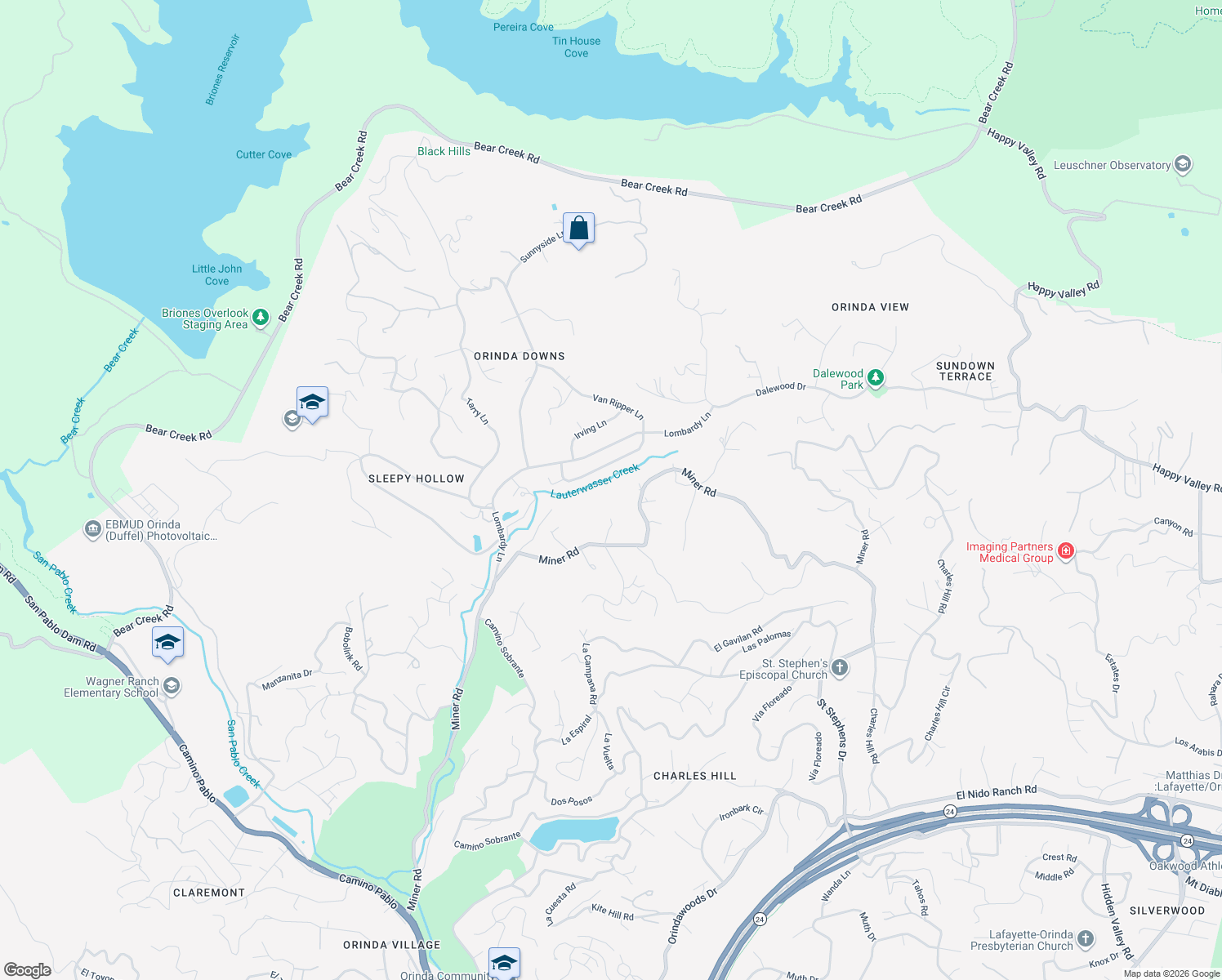 map of restaurants, bars, coffee shops, grocery stores, and more near 551 Miner Road in Orinda