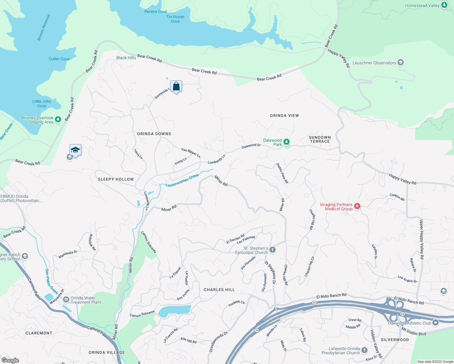 map of restaurants, bars, coffee shops, grocery stores, and more near 605 Miner Road in Orinda