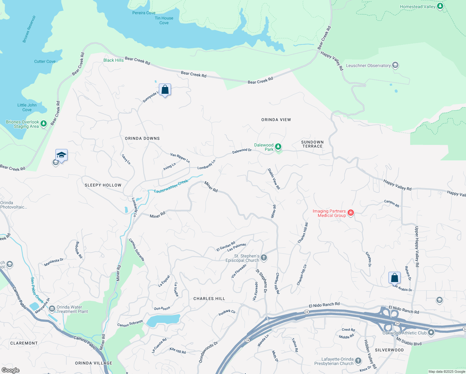 map of restaurants, bars, coffee shops, grocery stores, and more near 621 Miner Road in Orinda