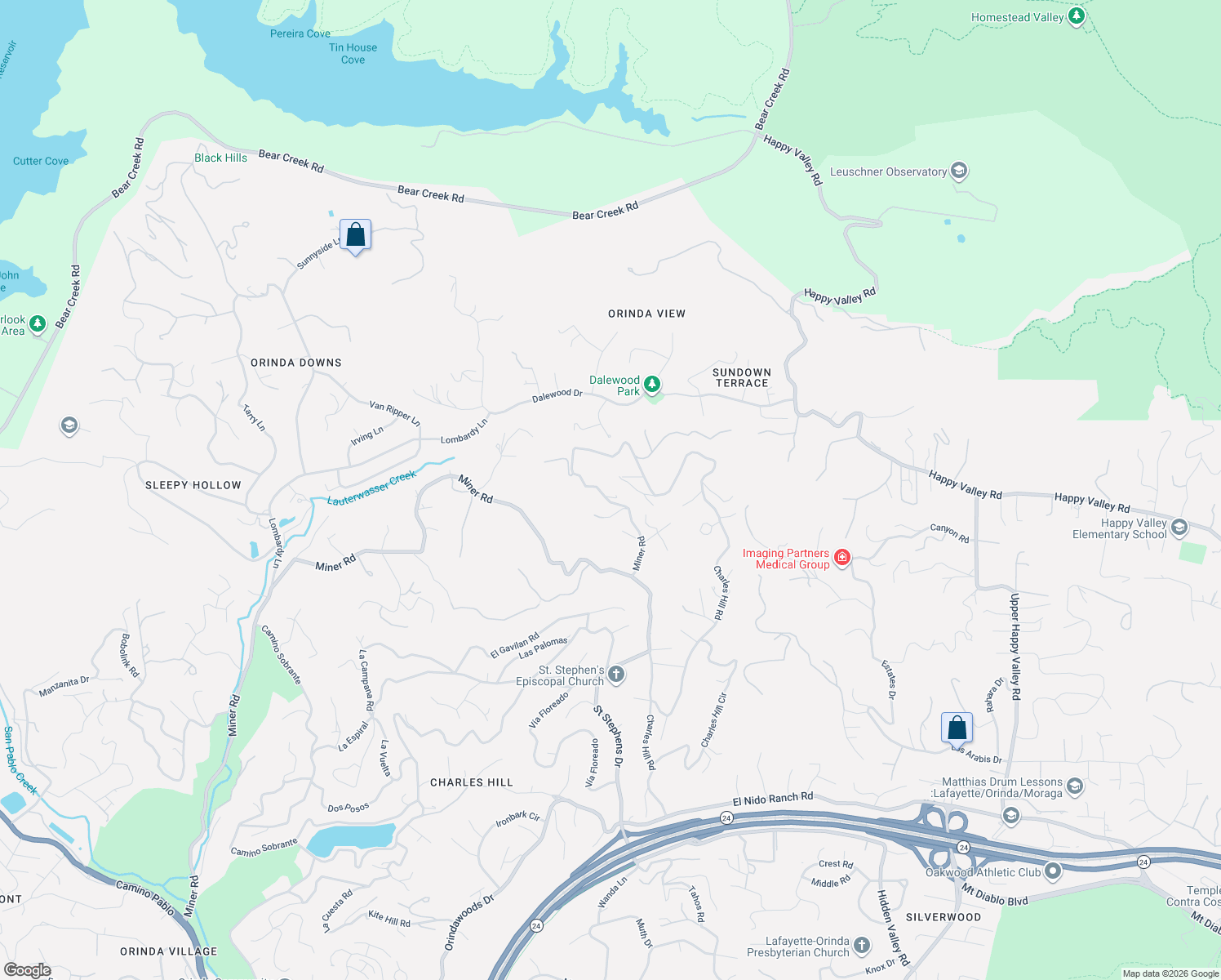 map of restaurants, bars, coffee shops, grocery stores, and more near 740 Miner Road in Orinda