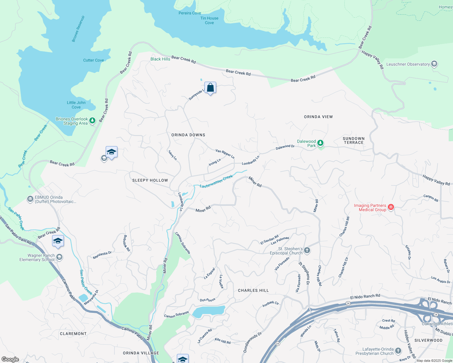 map of restaurants, bars, coffee shops, grocery stores, and more near 553 Miner Road in Orinda