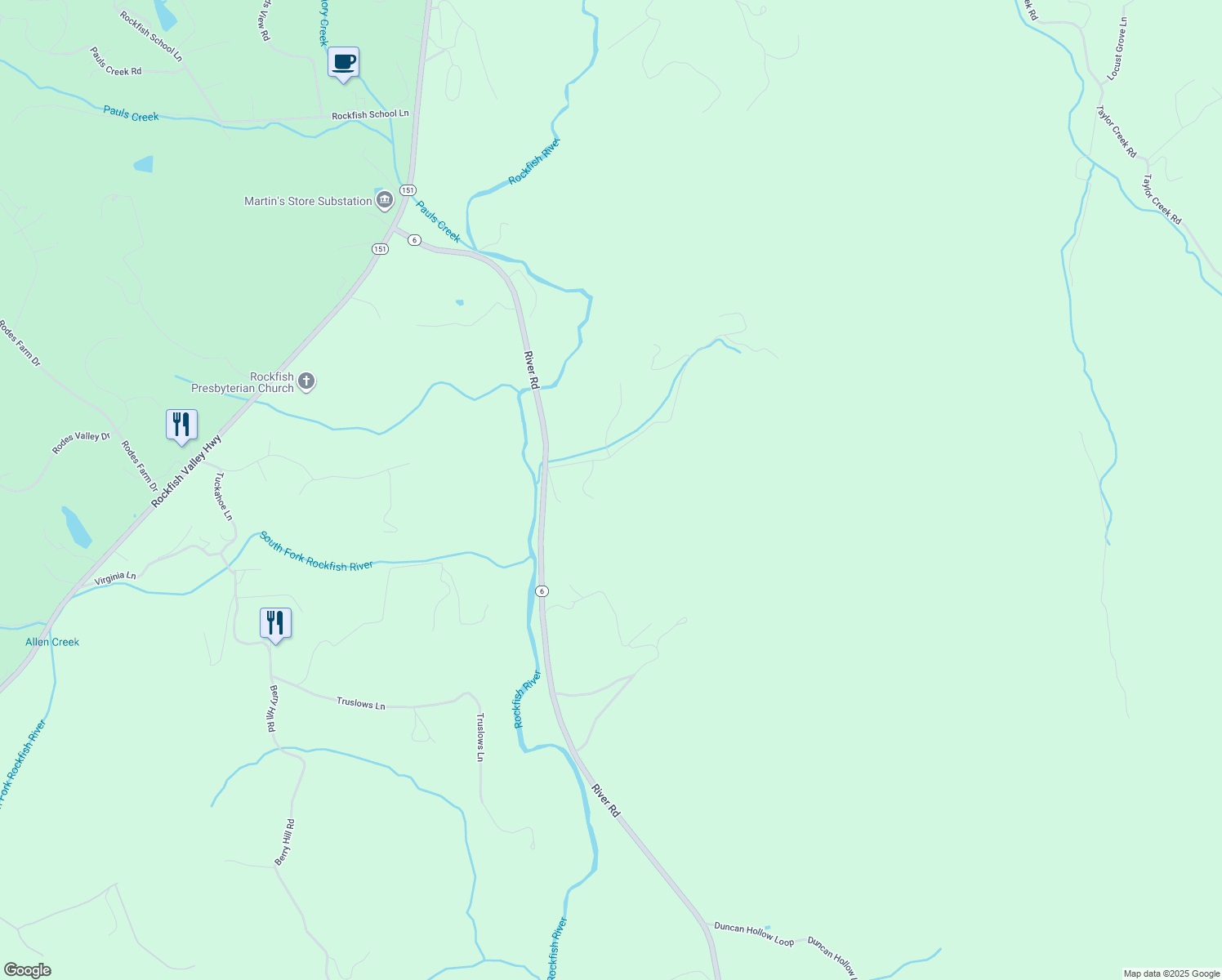 map of restaurants, bars, coffee shops, grocery stores, and more near 162 Pilot Mountain Hollow in Faber