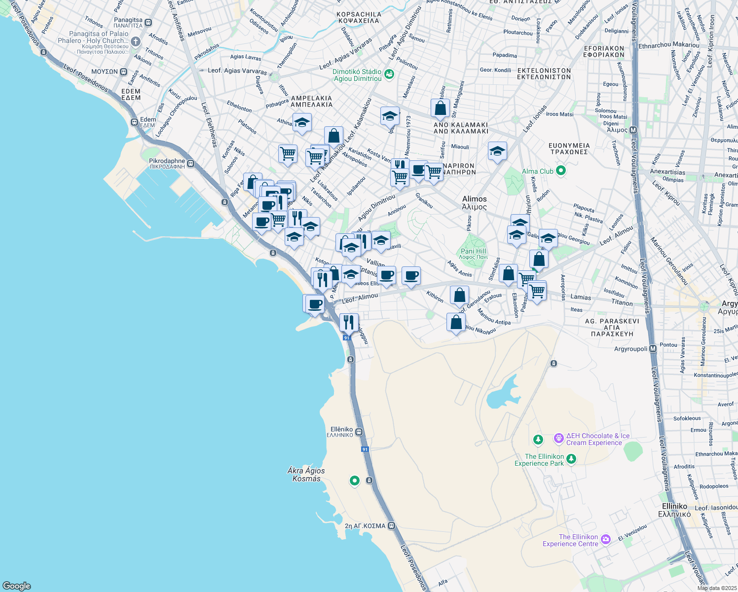 map of restaurants, bars, coffee shops, grocery stores, and more near 15 Leoforos Alimou in Alimos