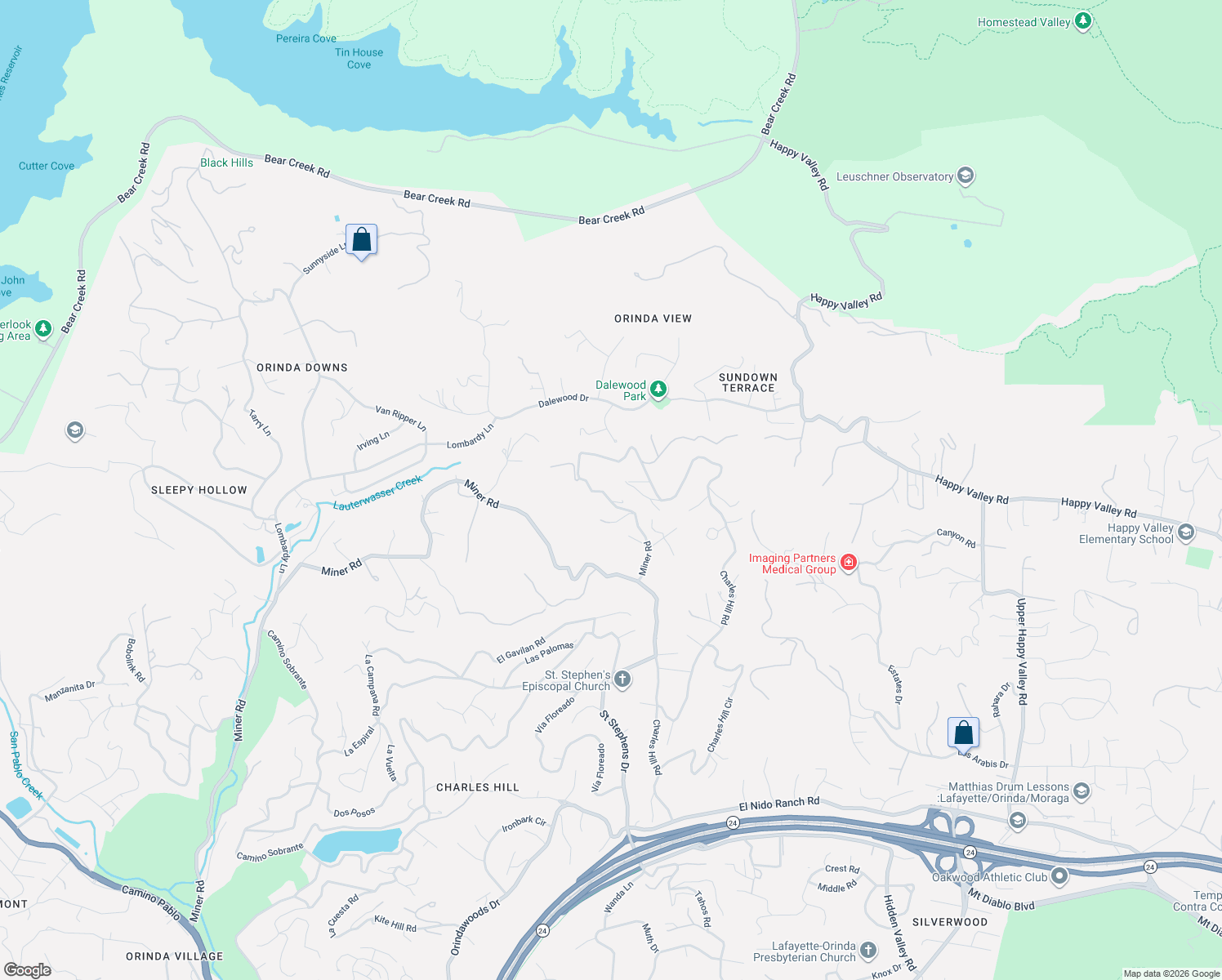 map of restaurants, bars, coffee shops, grocery stores, and more near 742 Miner Road in Orinda