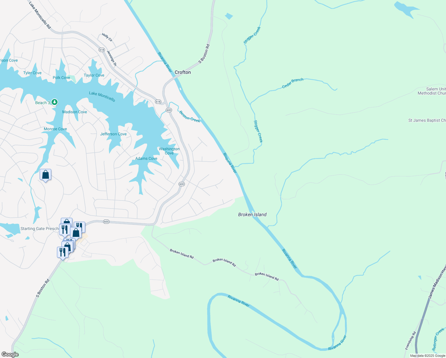 map of restaurants, bars, coffee shops, grocery stores, and more near 98 River Ridge Drive in Palmyra