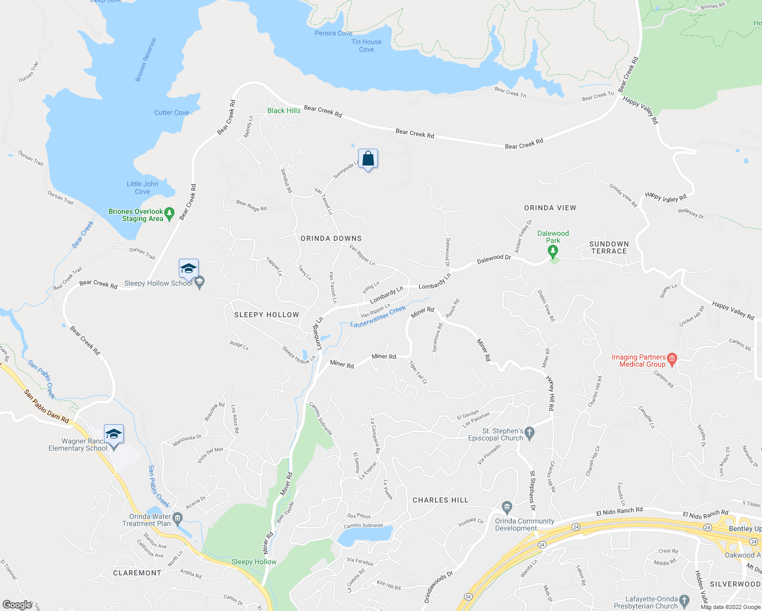 map of restaurants, bars, coffee shops, grocery stores, and more near 104 Van Ripper Lane in Orinda