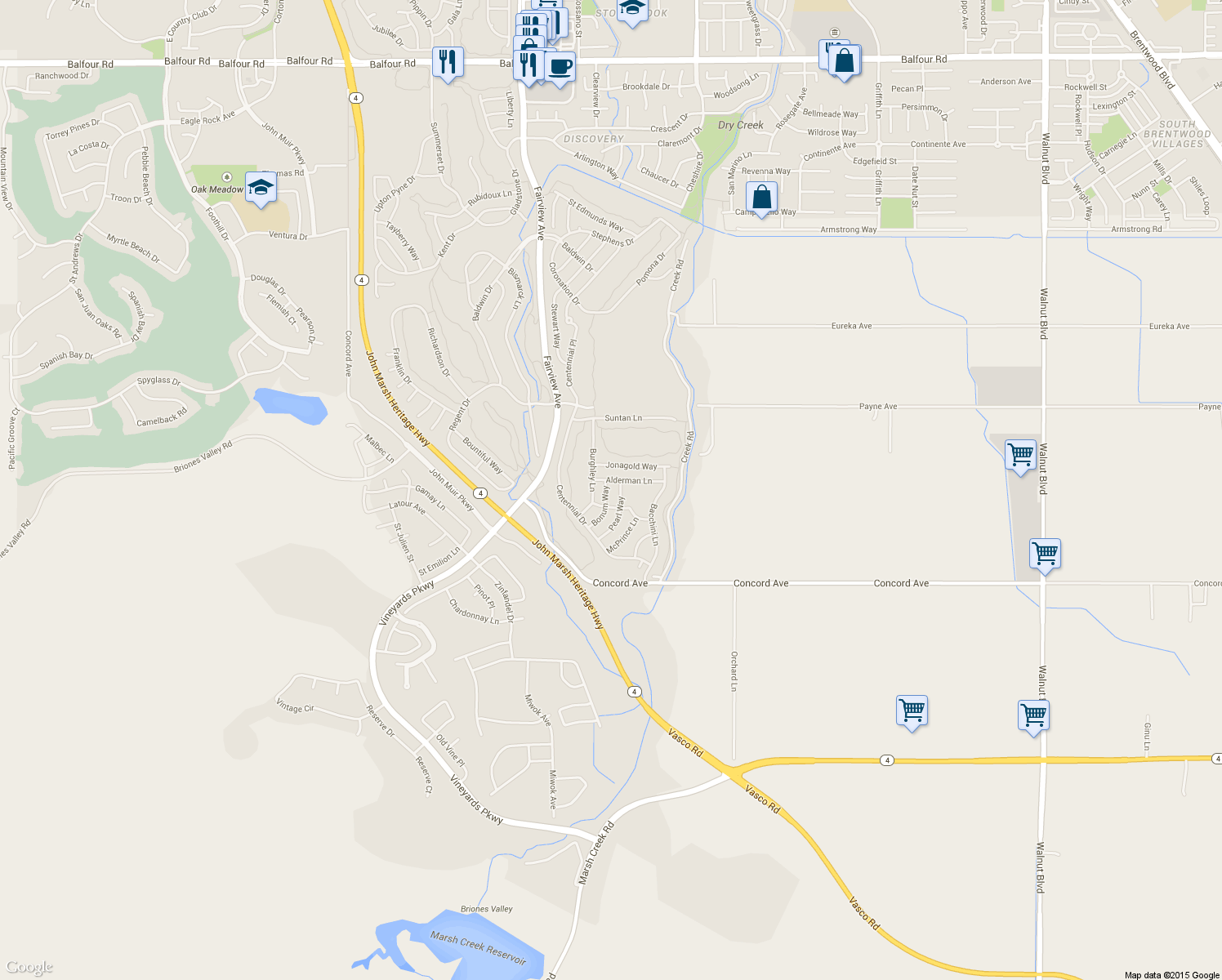 map of restaurants, bars, coffee shops, grocery stores, and more near 1318 Bonum Way in Brentwood