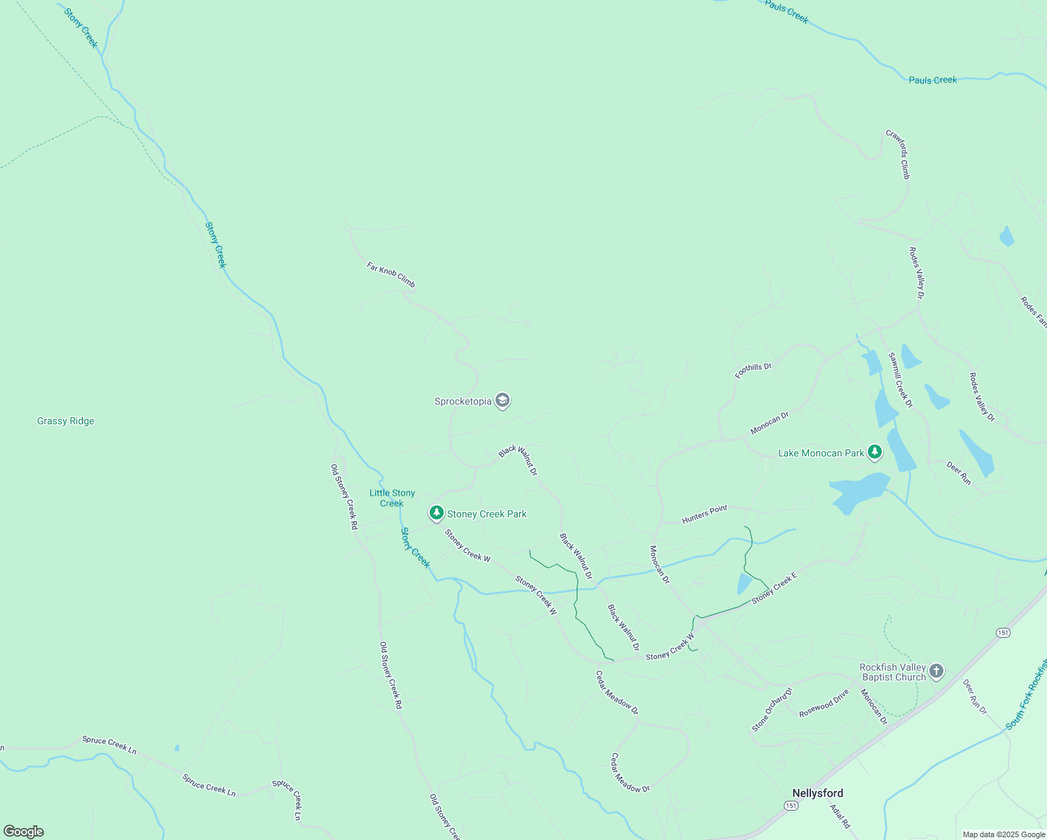 map of restaurants, bars, coffee shops, grocery stores, and more near 214 Hooded Warbler Lane in Nellysford