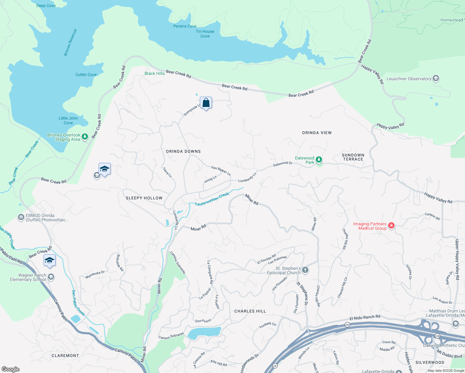 map of restaurants, bars, coffee shops, grocery stores, and more near 77 Van Ripper Lane in Orinda