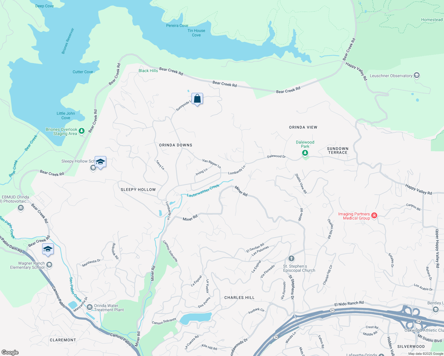map of restaurants, bars, coffee shops, grocery stores, and more near 77 Van Ripper Lane in Orinda