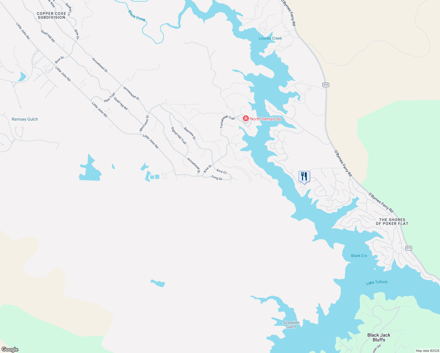 map of restaurants, bars, coffee shops, grocery stores, and more near 5051 Fong Drive in Copperopolis