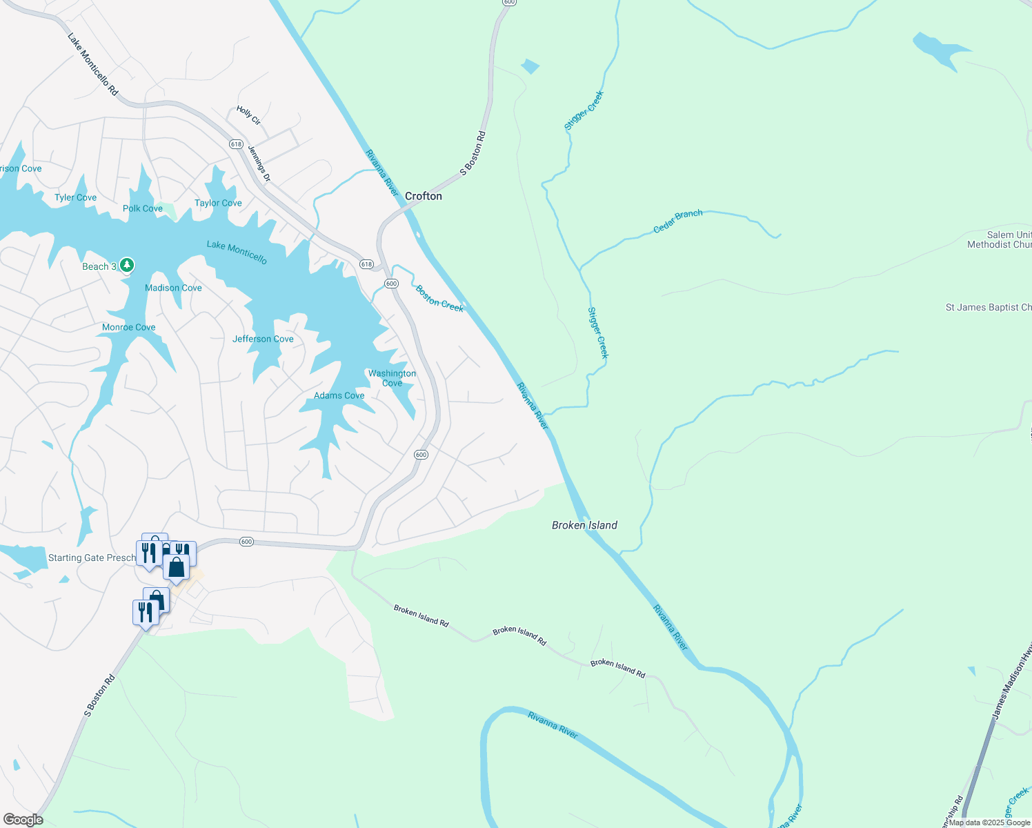 map of restaurants, bars, coffee shops, grocery stores, and more near 98 River Ridge Drive in Palmyra