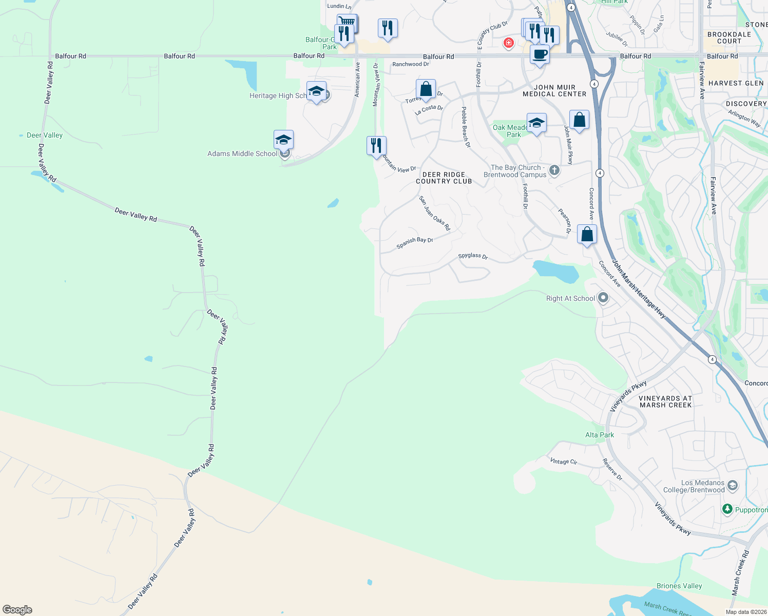 map of restaurants, bars, coffee shops, grocery stores, and more near 1052 Pacific Grove Court in Brentwood