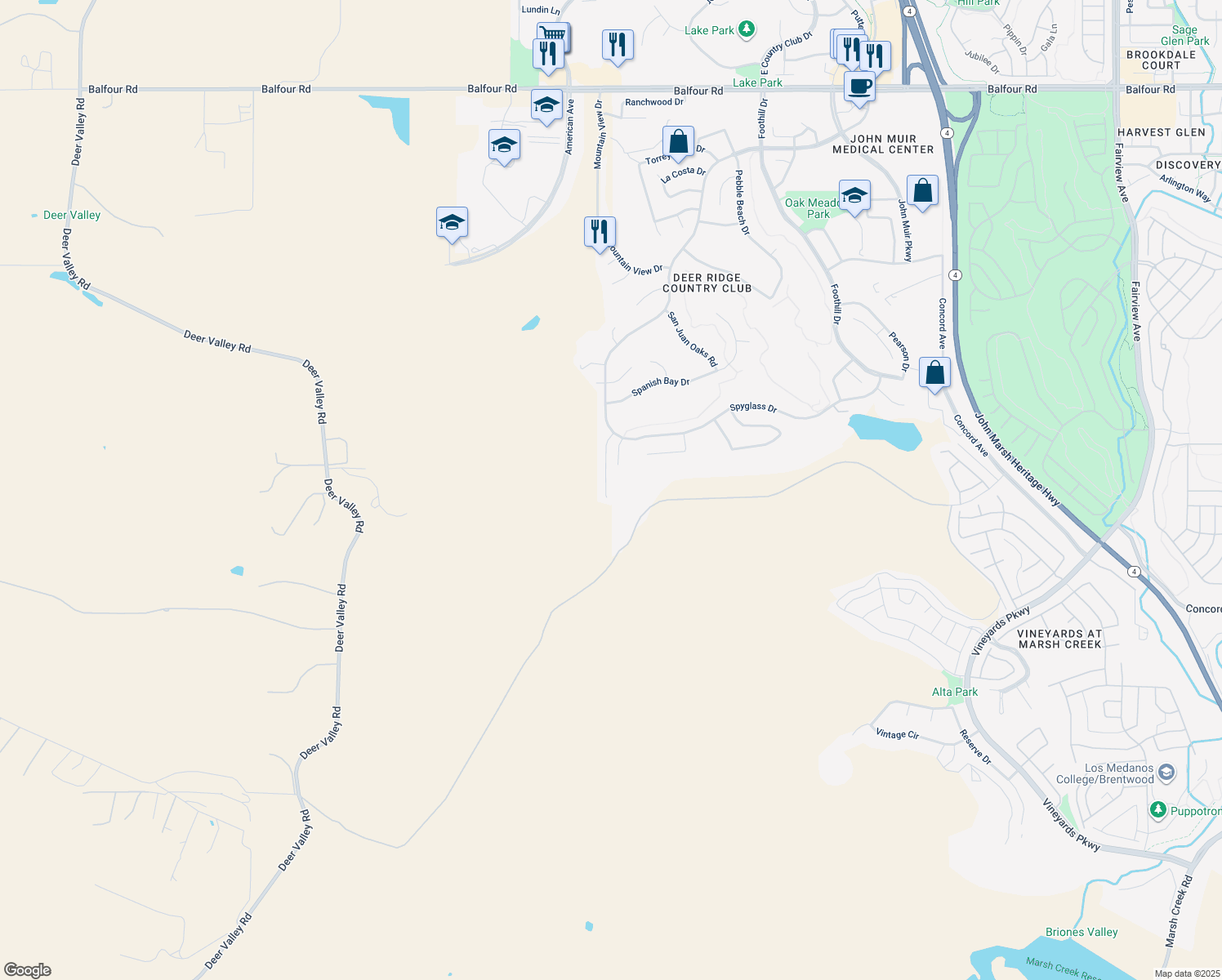 map of restaurants, bars, coffee shops, grocery stores, and more near 1052 Pacific Grove Court in Brentwood