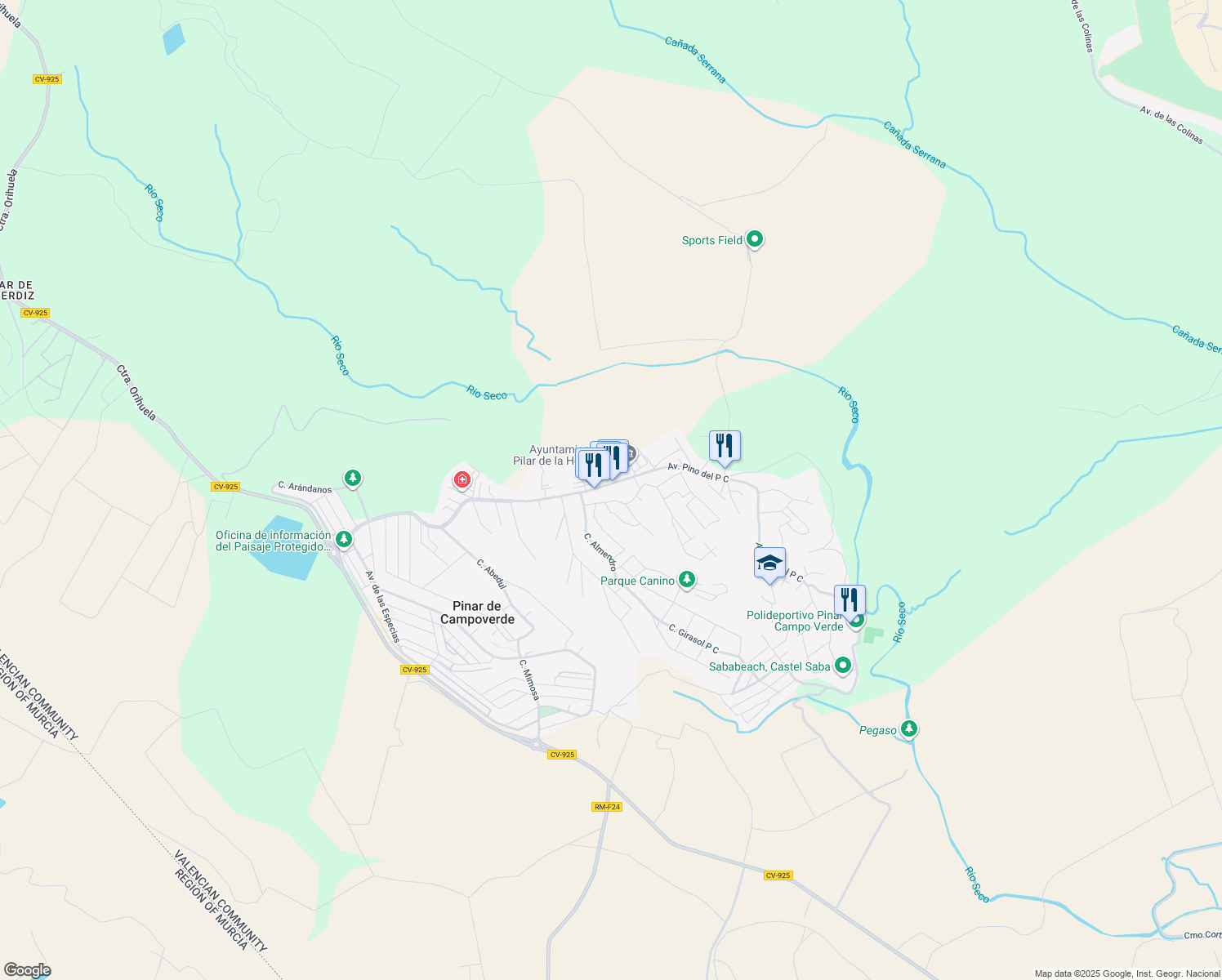 map of restaurants, bars, coffee shops, grocery stores, and more near 64 Avenida Pino del P C in Pinar de Campoverde