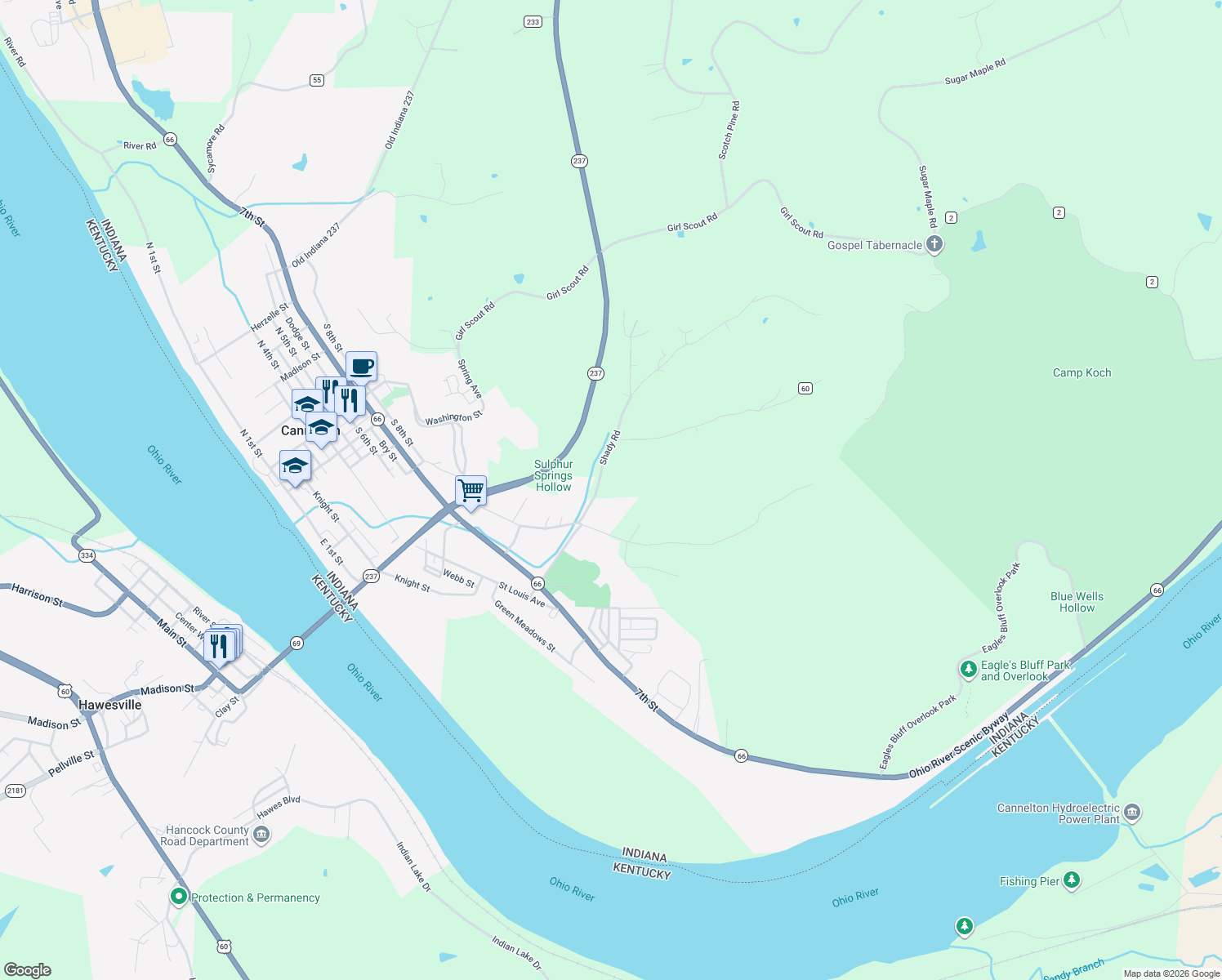 map of restaurants, bars, coffee shops, grocery stores, and more near 4840 Shady Road in Cannelton