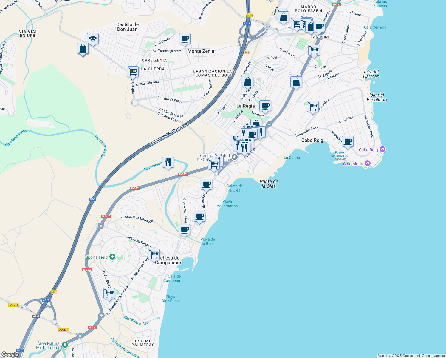 map of restaurants, bars, coffee shops, grocery stores, and more near 2 Calle Juan Manuel de Prada in Orihuela