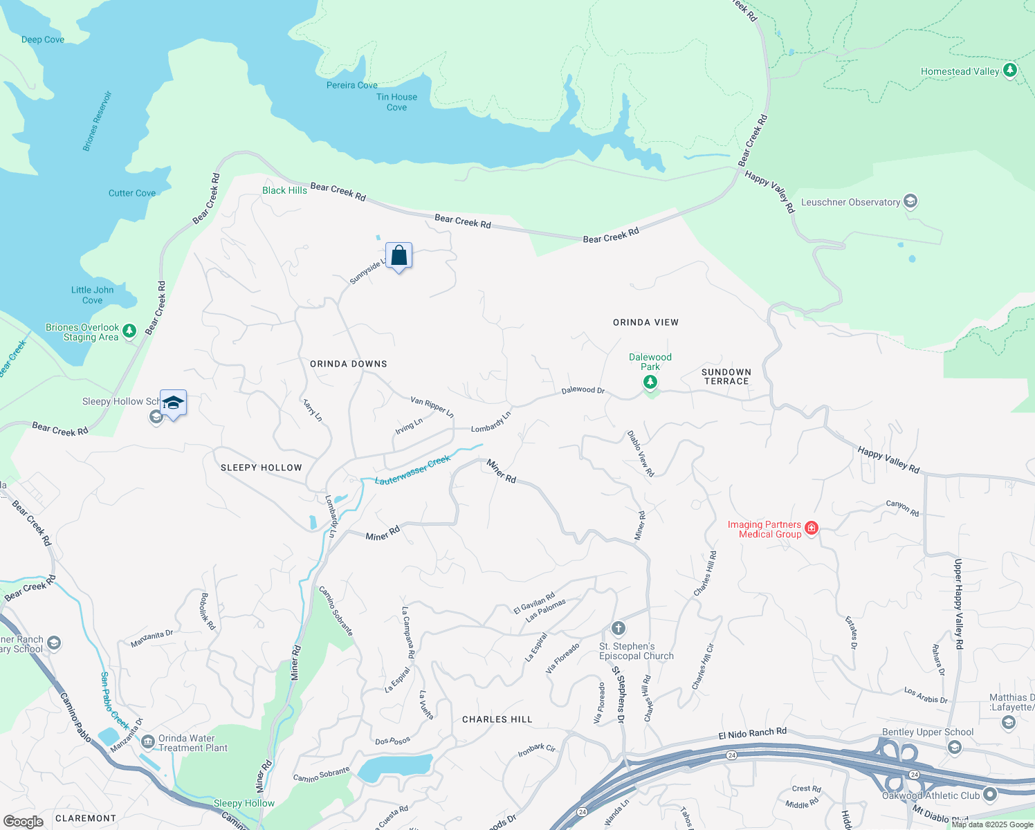 map of restaurants, bars, coffee shops, grocery stores, and more near 188 Lombardy Lane in Orinda