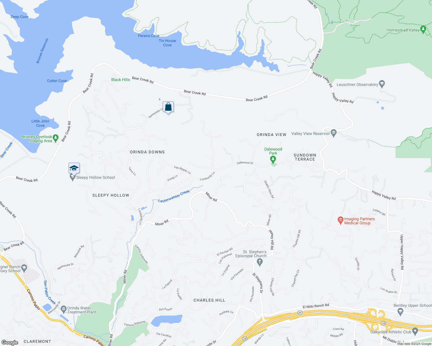 map of restaurants, bars, coffee shops, grocery stores, and more near 188 Lombardy Lane in Orinda