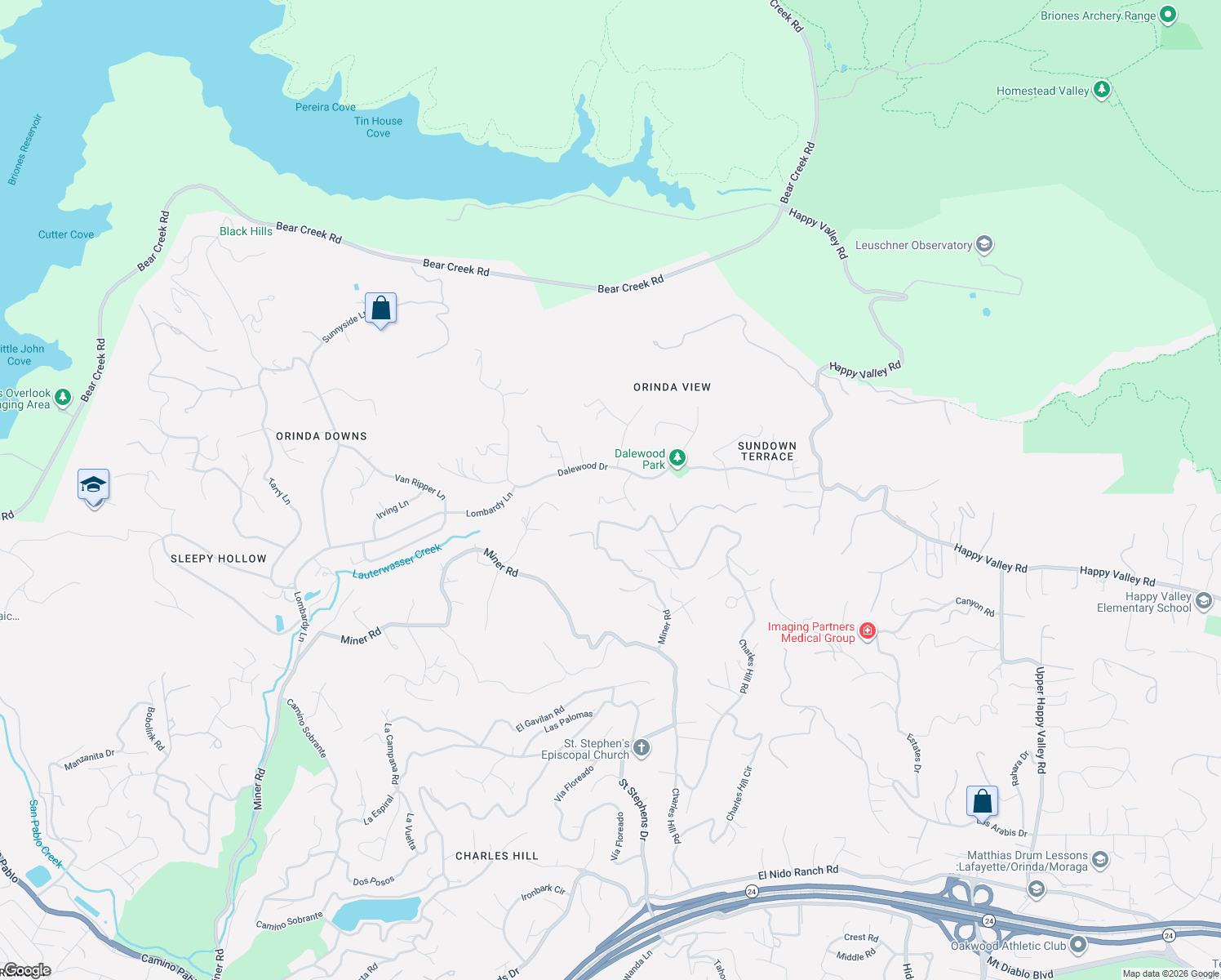 map of restaurants, bars, coffee shops, grocery stores, and more near 403 Dalewood Drive in Orinda