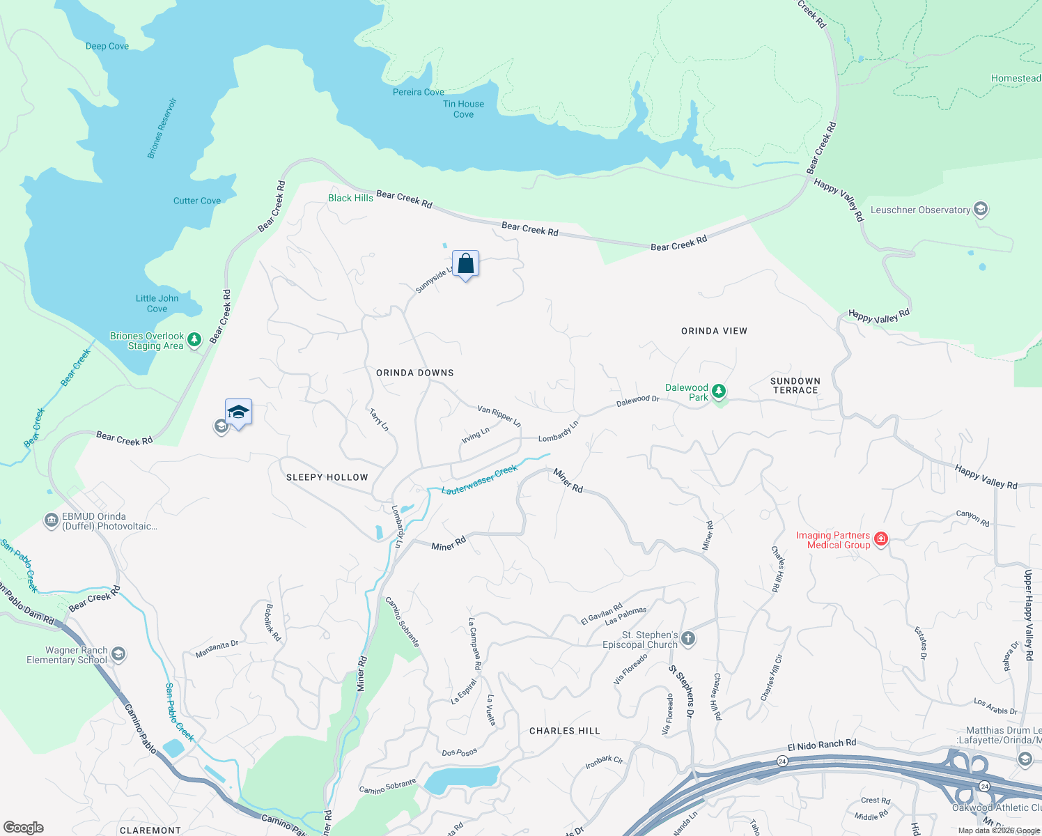 map of restaurants, bars, coffee shops, grocery stores, and more near 61 Van Ripper Lane in Orinda