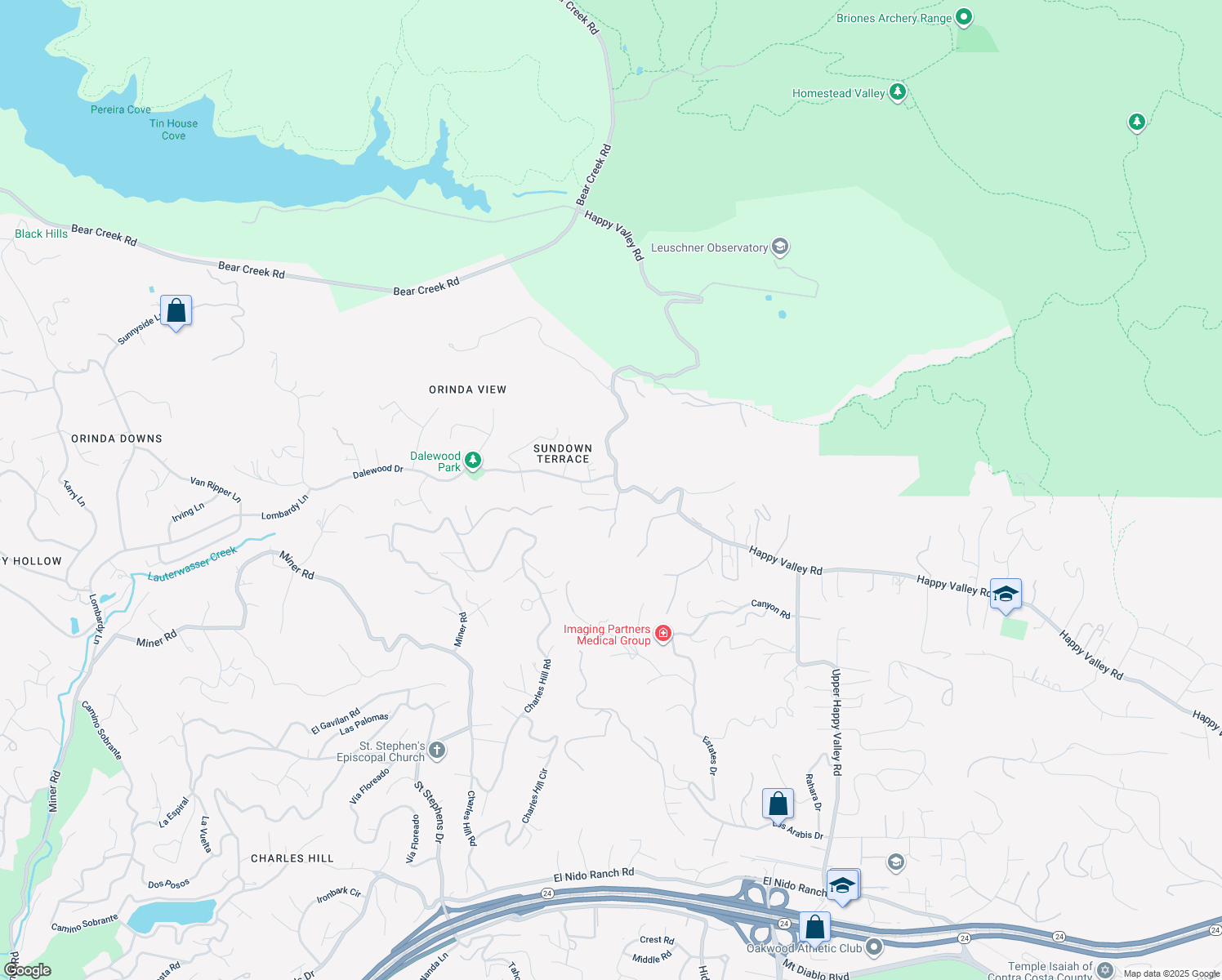 map of restaurants, bars, coffee shops, grocery stores, and more near 231 Sundown Terrace in Orinda
