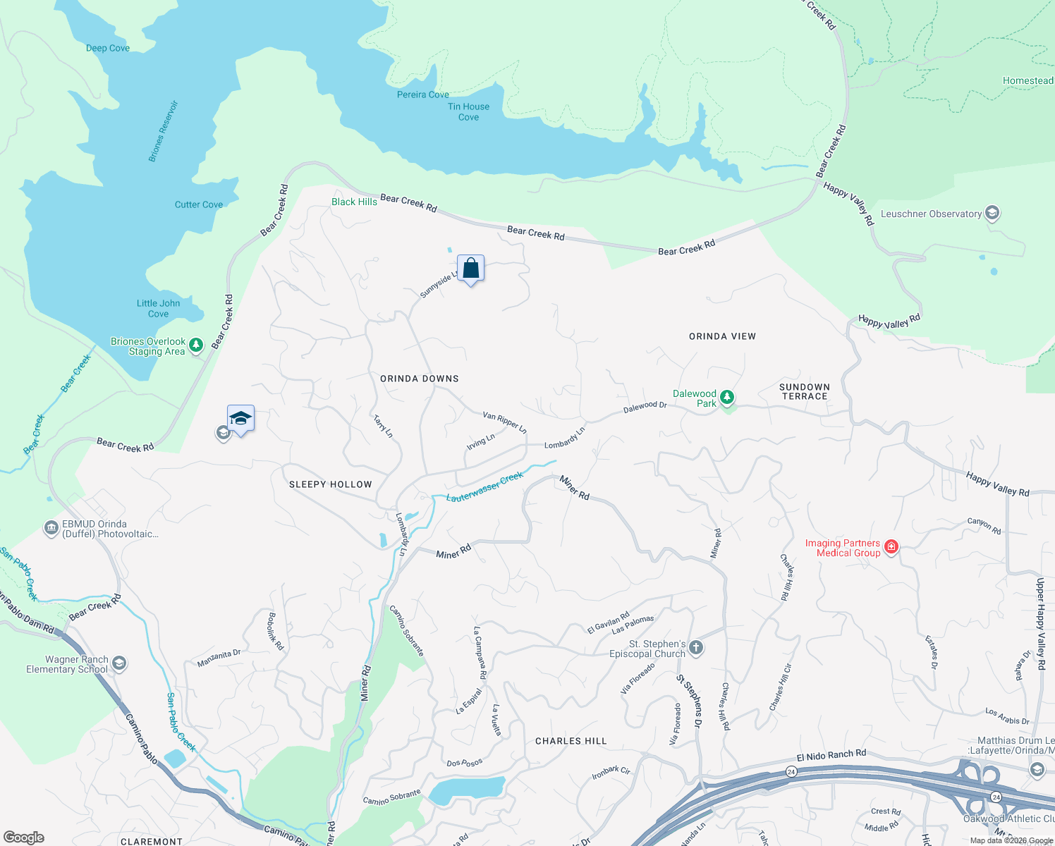 map of restaurants, bars, coffee shops, grocery stores, and more near 61 Van Ripper Lane in Orinda