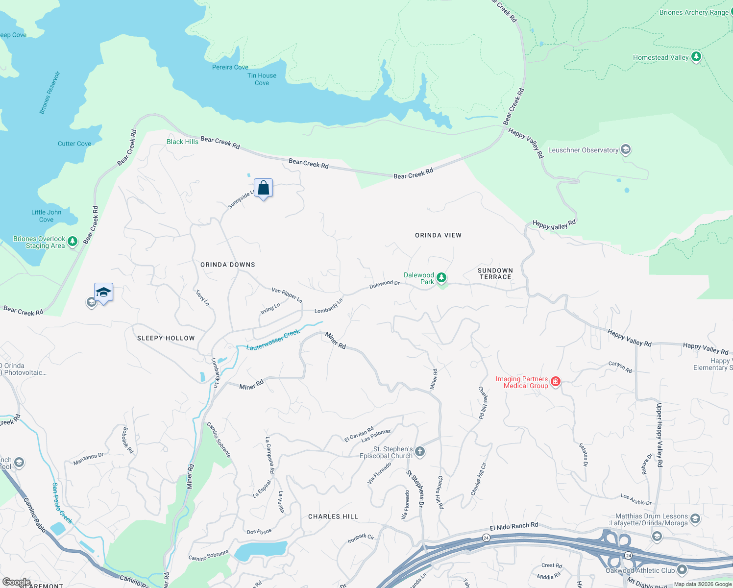map of restaurants, bars, coffee shops, grocery stores, and more near 489 Dalewood Drive in Orinda
