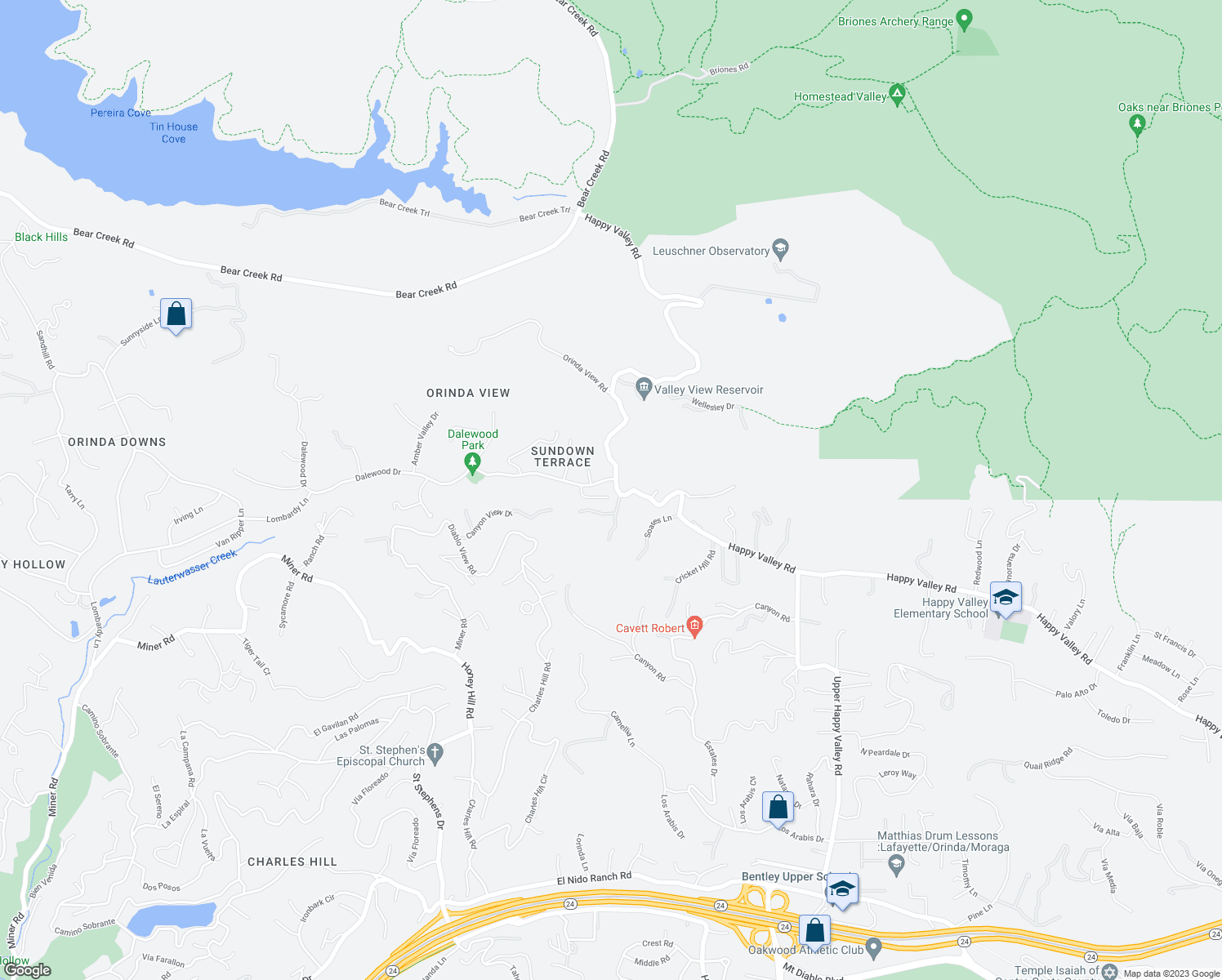 map of restaurants, bars, coffee shops, grocery stores, and more near 231 Sundown Terrace in Orinda