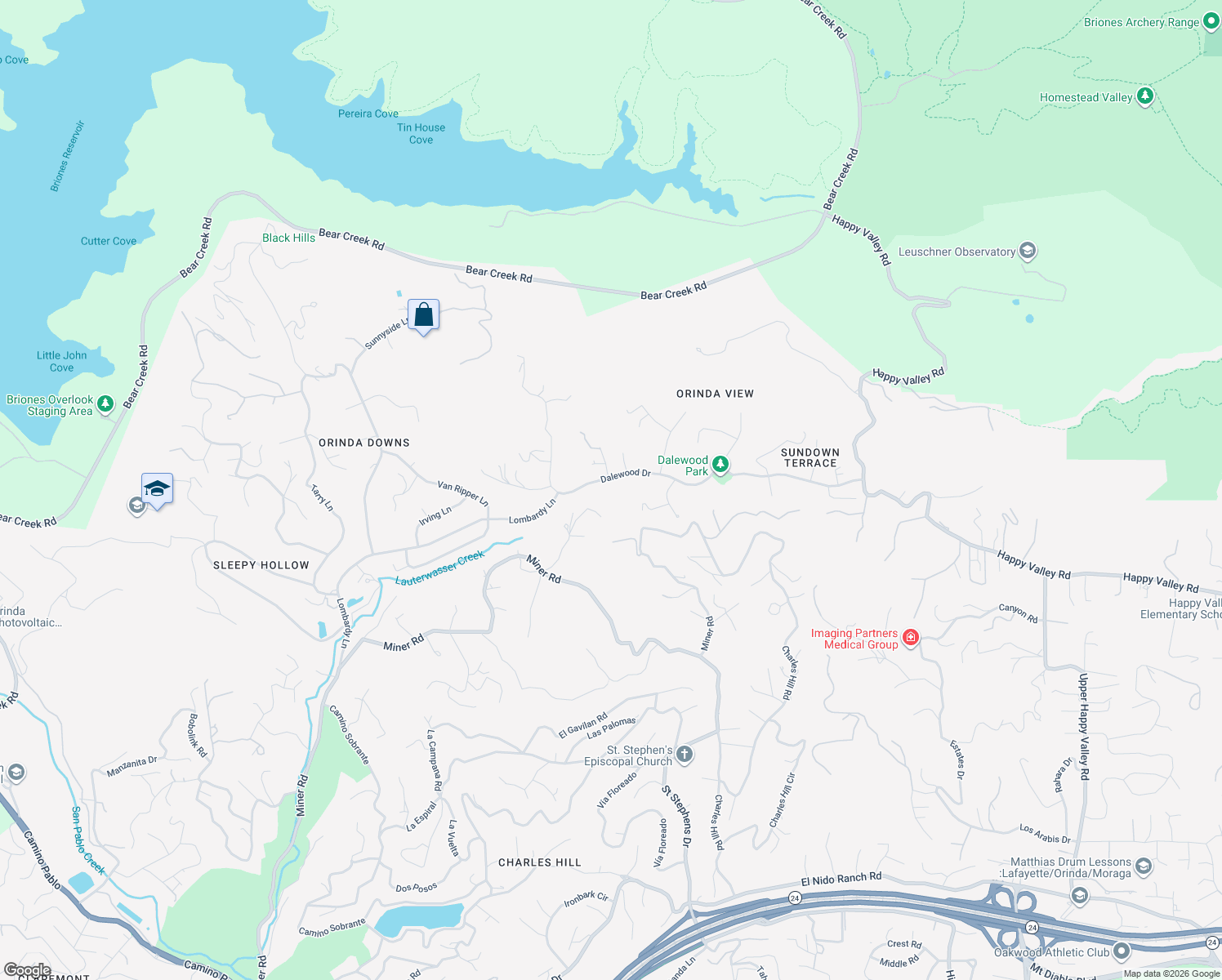 map of restaurants, bars, coffee shops, grocery stores, and more near 489 Dalewood Drive in Orinda