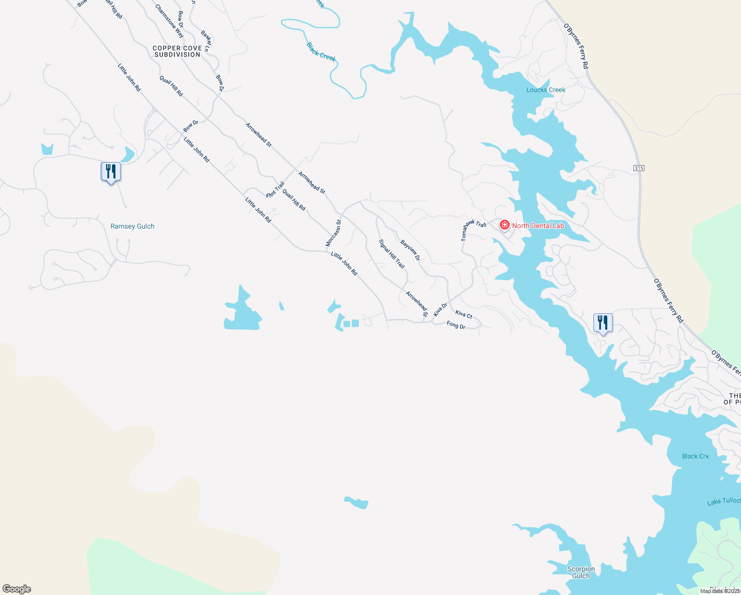 map of restaurants, bars, coffee shops, grocery stores, and more near 5002 Little John Road in Copperopolis