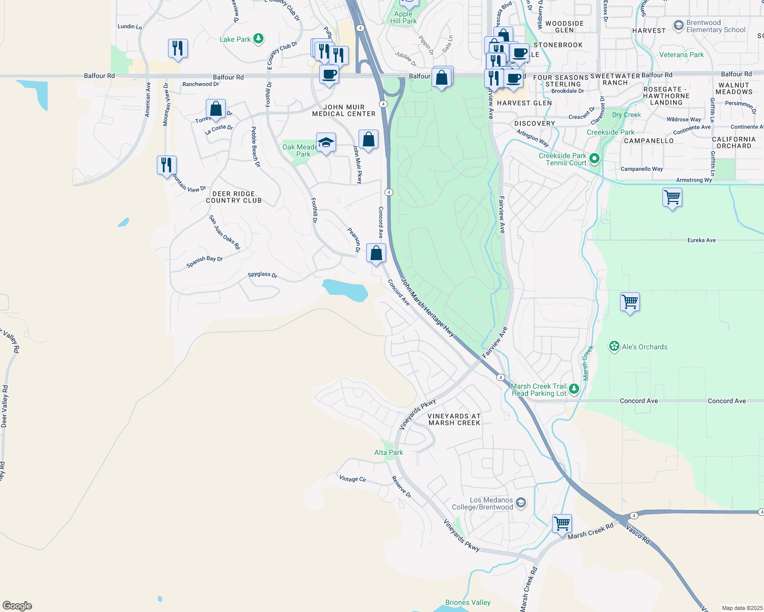 map of restaurants, bars, coffee shops, grocery stores, and more near 1009 Malbec Court in Brentwood