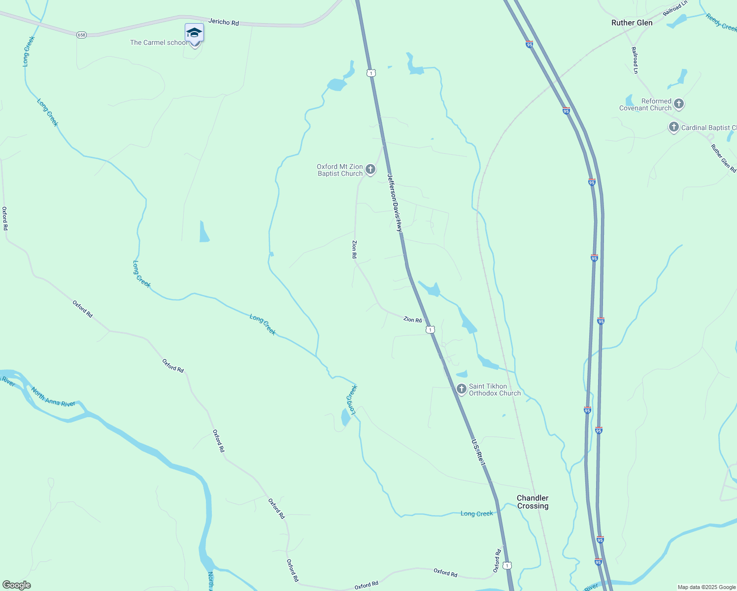 map of restaurants, bars, coffee shops, grocery stores, and more near 25518 Zion Road in Ruther Glen