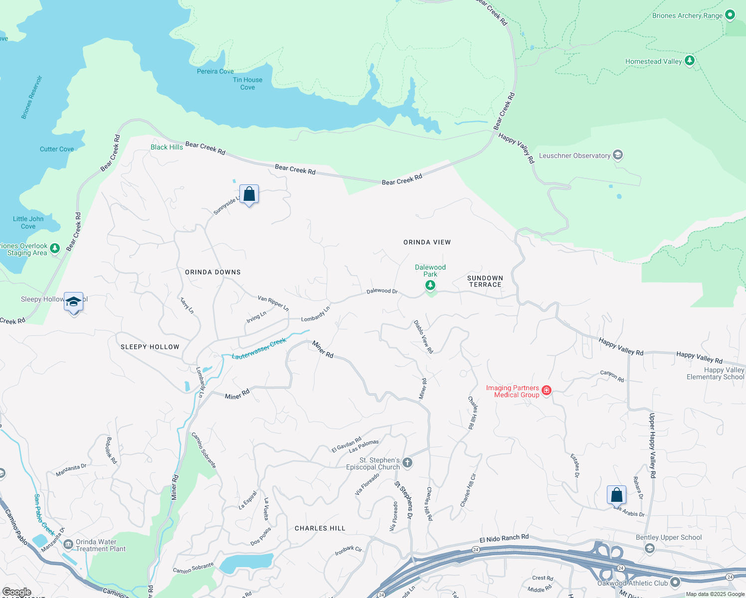 map of restaurants, bars, coffee shops, grocery stores, and more near 457 Dalewood Drive in Orinda