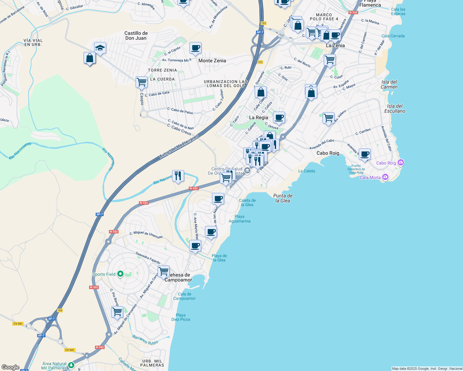 map of restaurants, bars, coffee shops, grocery stores, and more near 2 Calle Juan Manuel de Prada in Alicante