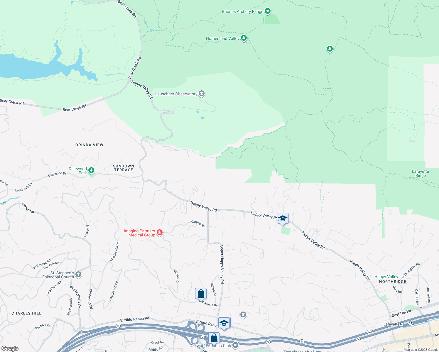 map of restaurants, bars, coffee shops, grocery stores, and more near 3960 Happy Valley Road in Lafayette