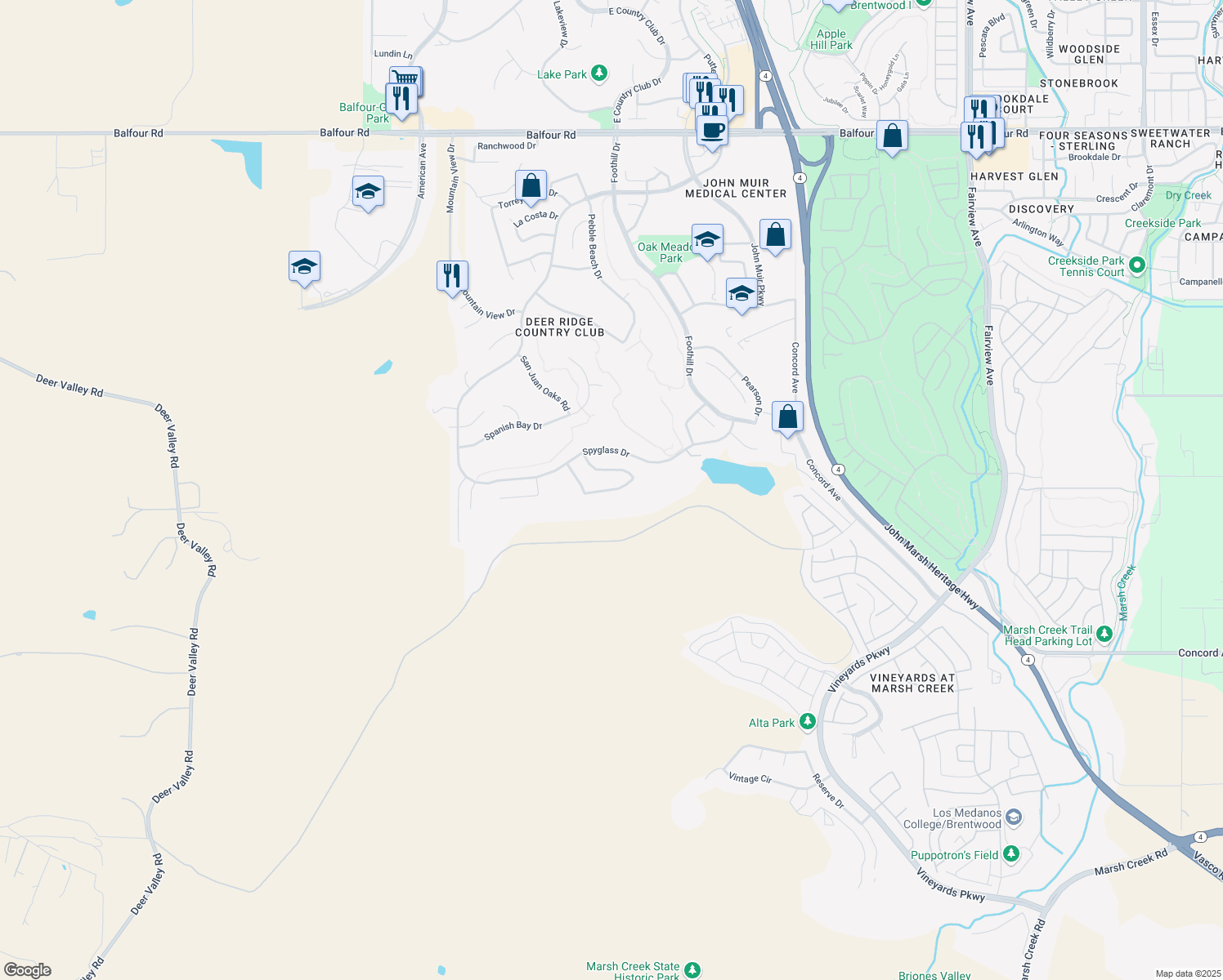 map of restaurants, bars, coffee shops, grocery stores, and more near 2577 Camel Back Road in Brentwood