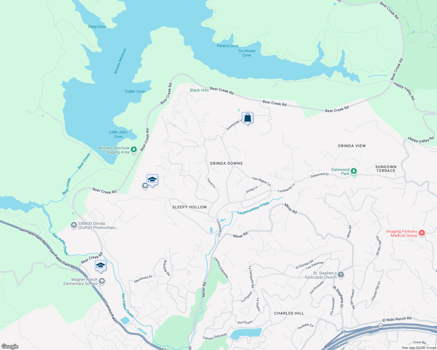 map of restaurants, bars, coffee shops, grocery stores, and more near 25 Snowberry Lane in Orinda