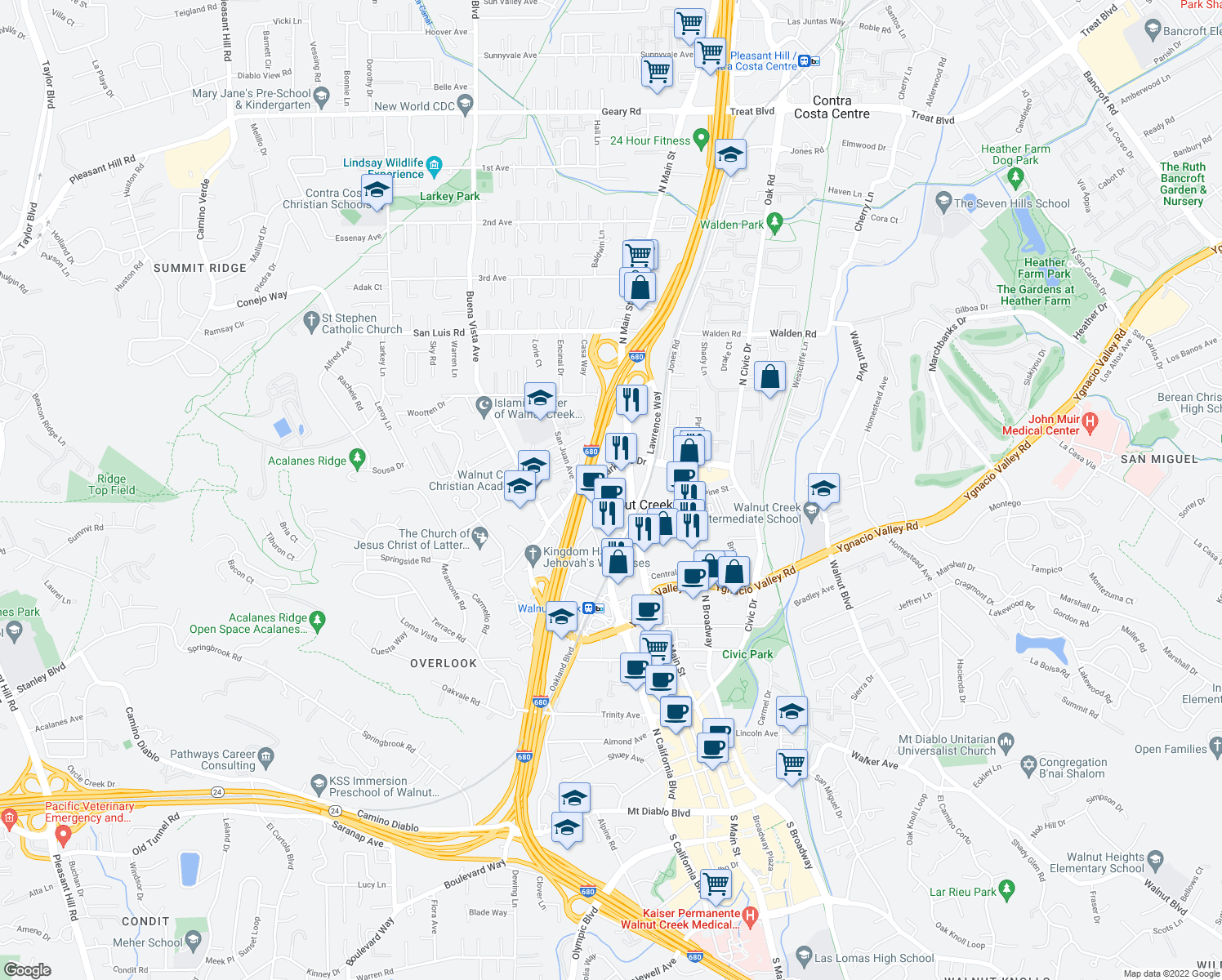 map of restaurants, bars, coffee shops, grocery stores, and more near 1556 Parkside Drive in Walnut Creek