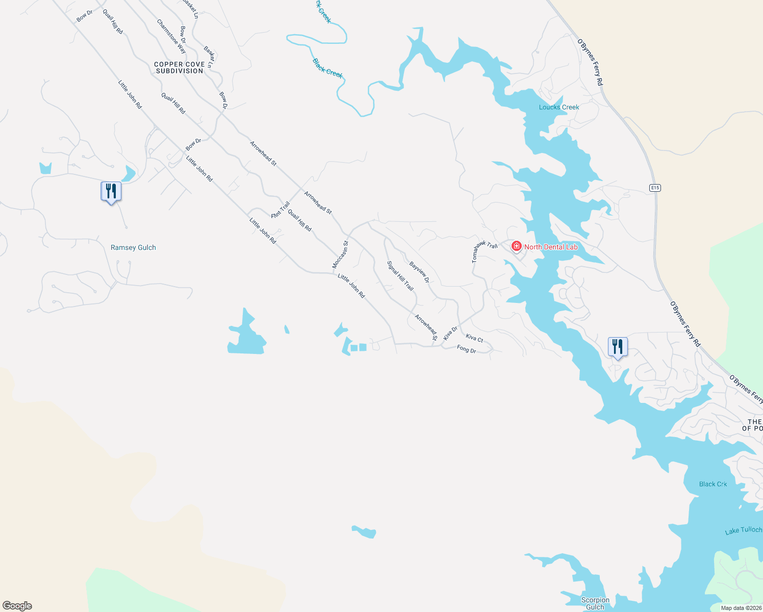 map of restaurants, bars, coffee shops, grocery stores, and more near 4945 Little John Road in Copperopolis