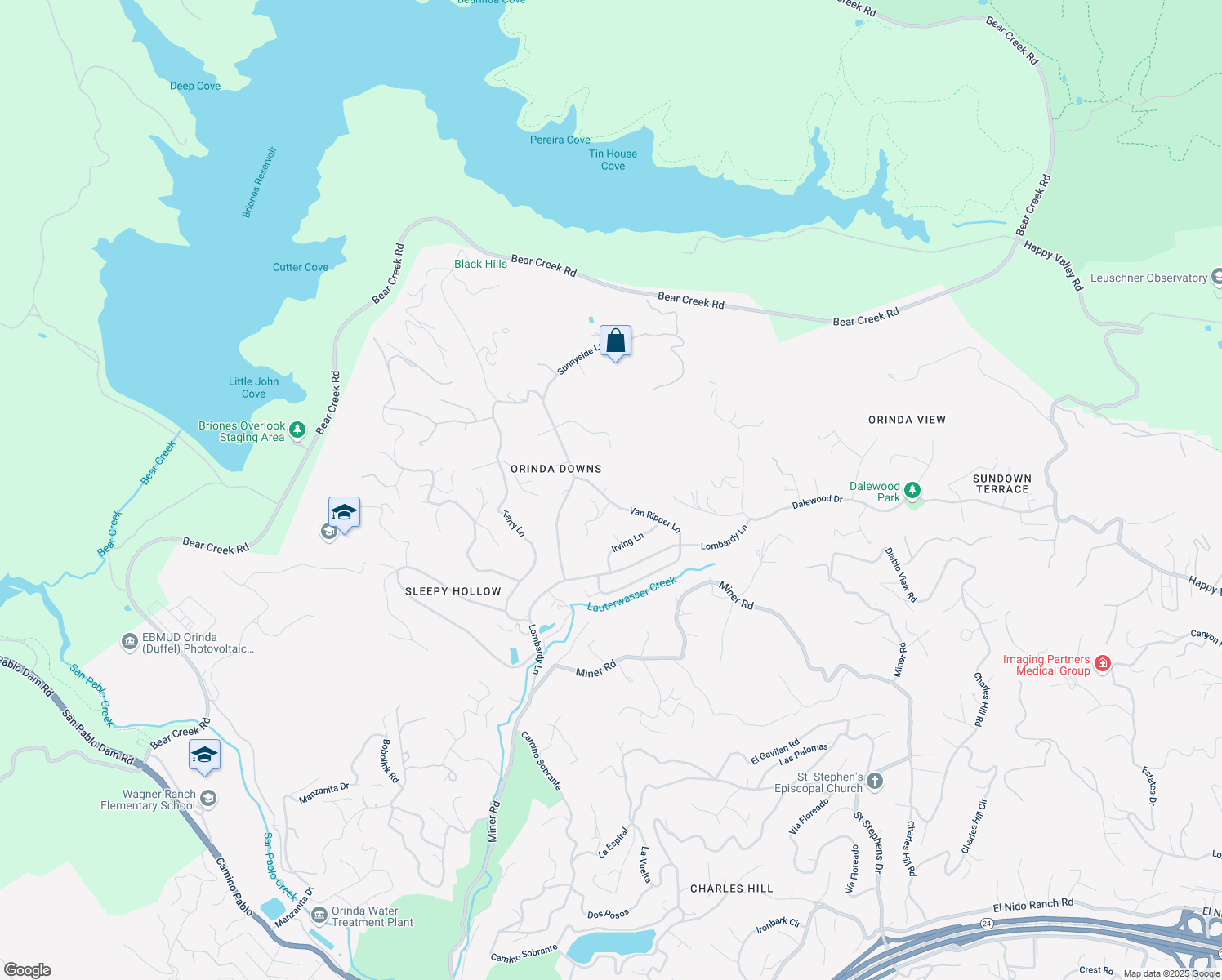 map of restaurants, bars, coffee shops, grocery stores, and more near 15 Van Ripper Lane in Orinda