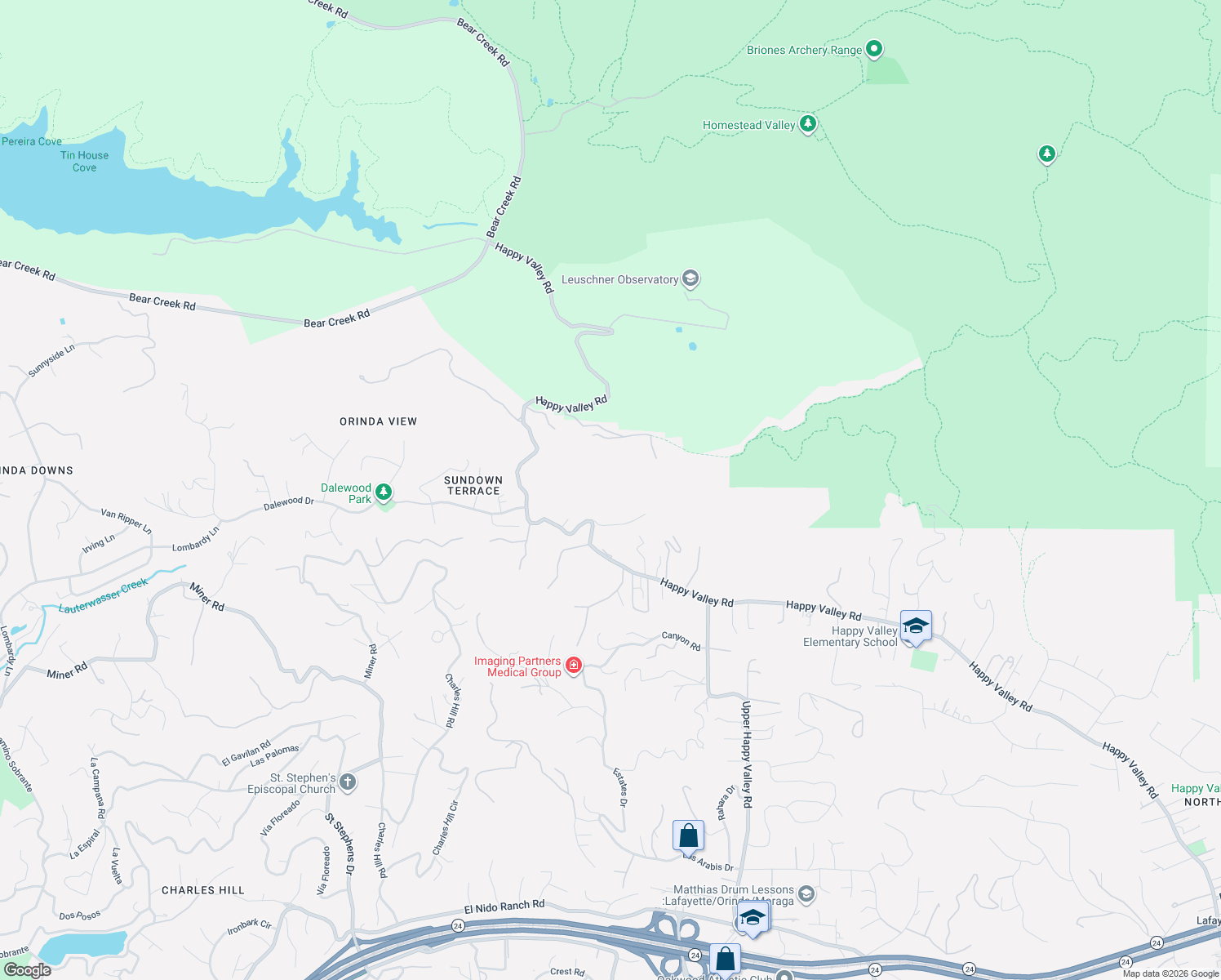 map of restaurants, bars, coffee shops, grocery stores, and more near 4110 Happy Valley Road in Lafayette