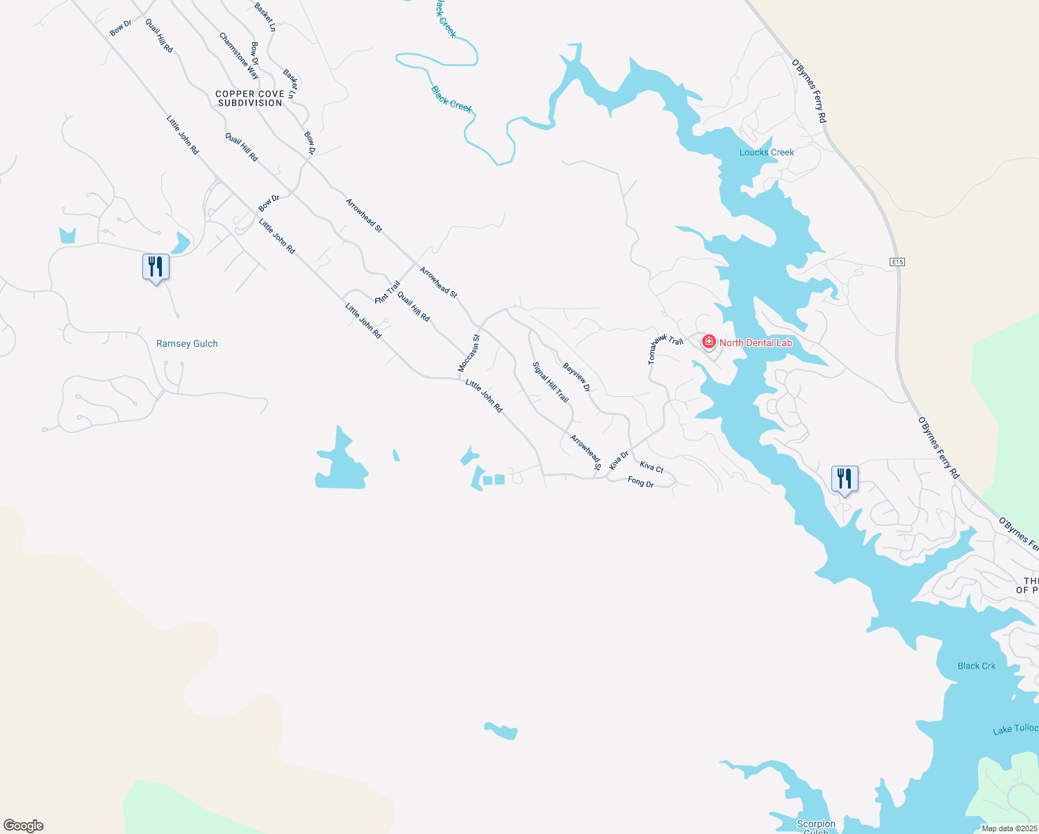 map of restaurants, bars, coffee shops, grocery stores, and more near 4945 Little John Road in Copperopolis