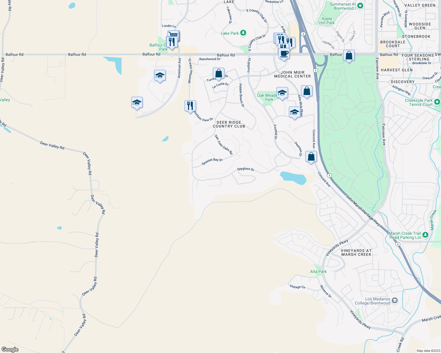 map of restaurants, bars, coffee shops, grocery stores, and more near 2605 Spyglass Drive in Brentwood